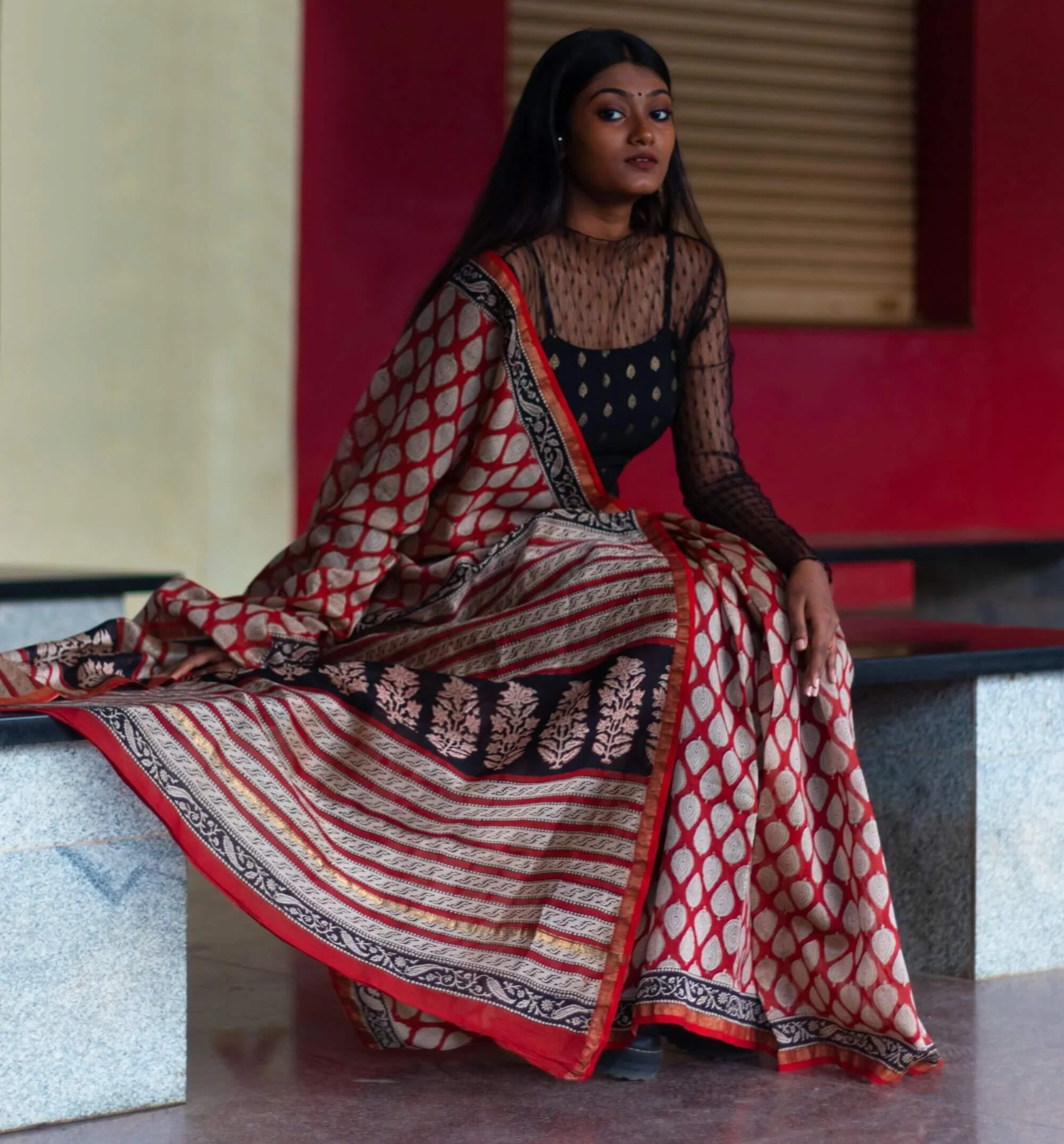 Natural dyed Bagru saree - Roheda- Leaf Syahi Begar - Image 5
