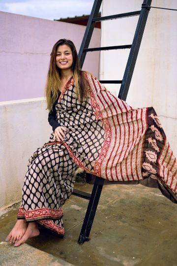 Natural dyed Bagru saree - Roheda- Lotus Syahi Begar - Image 6