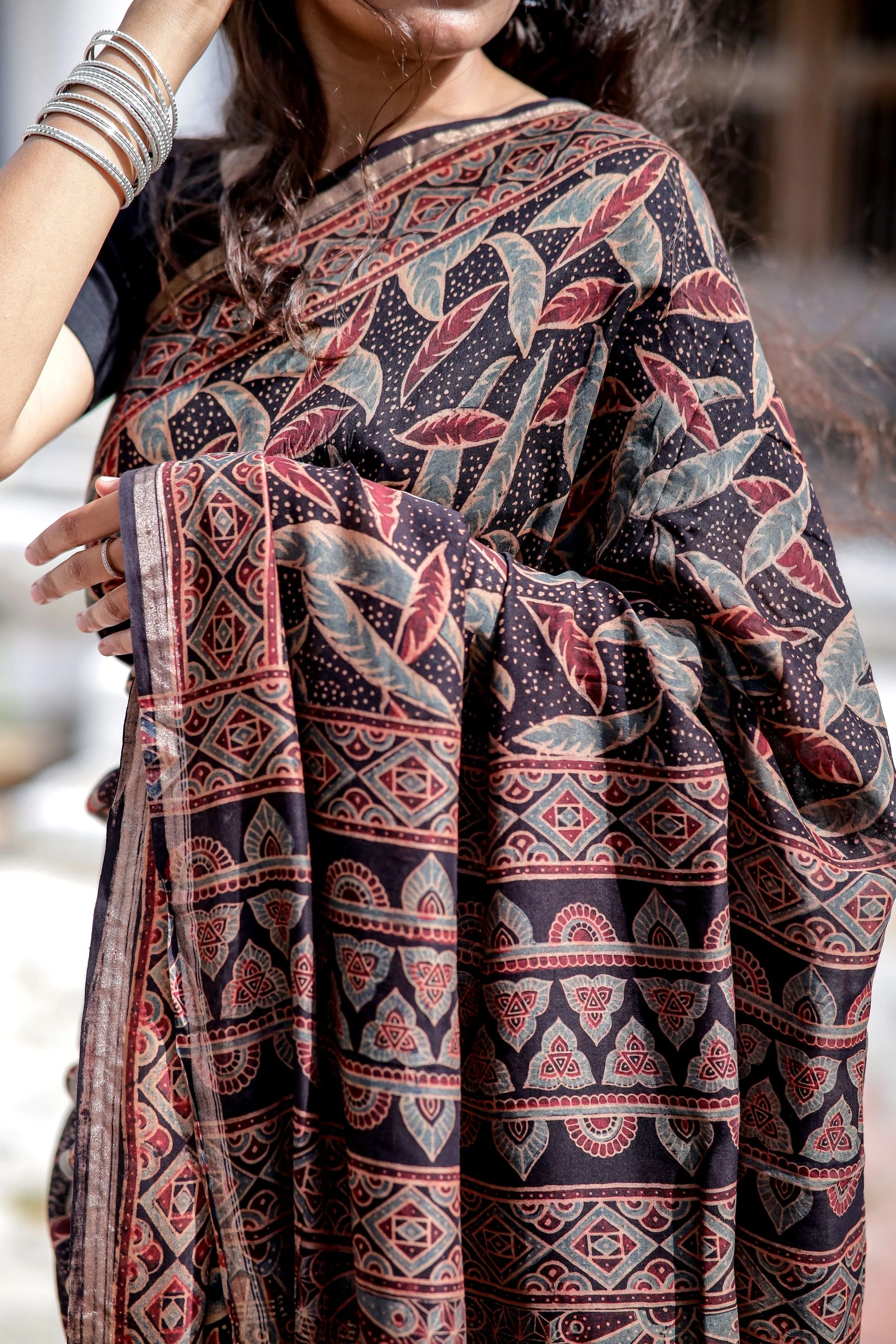 A trsyt with Ajrakh -Jharokha -Leaf Black chanderi ajrakh saree - Image 13