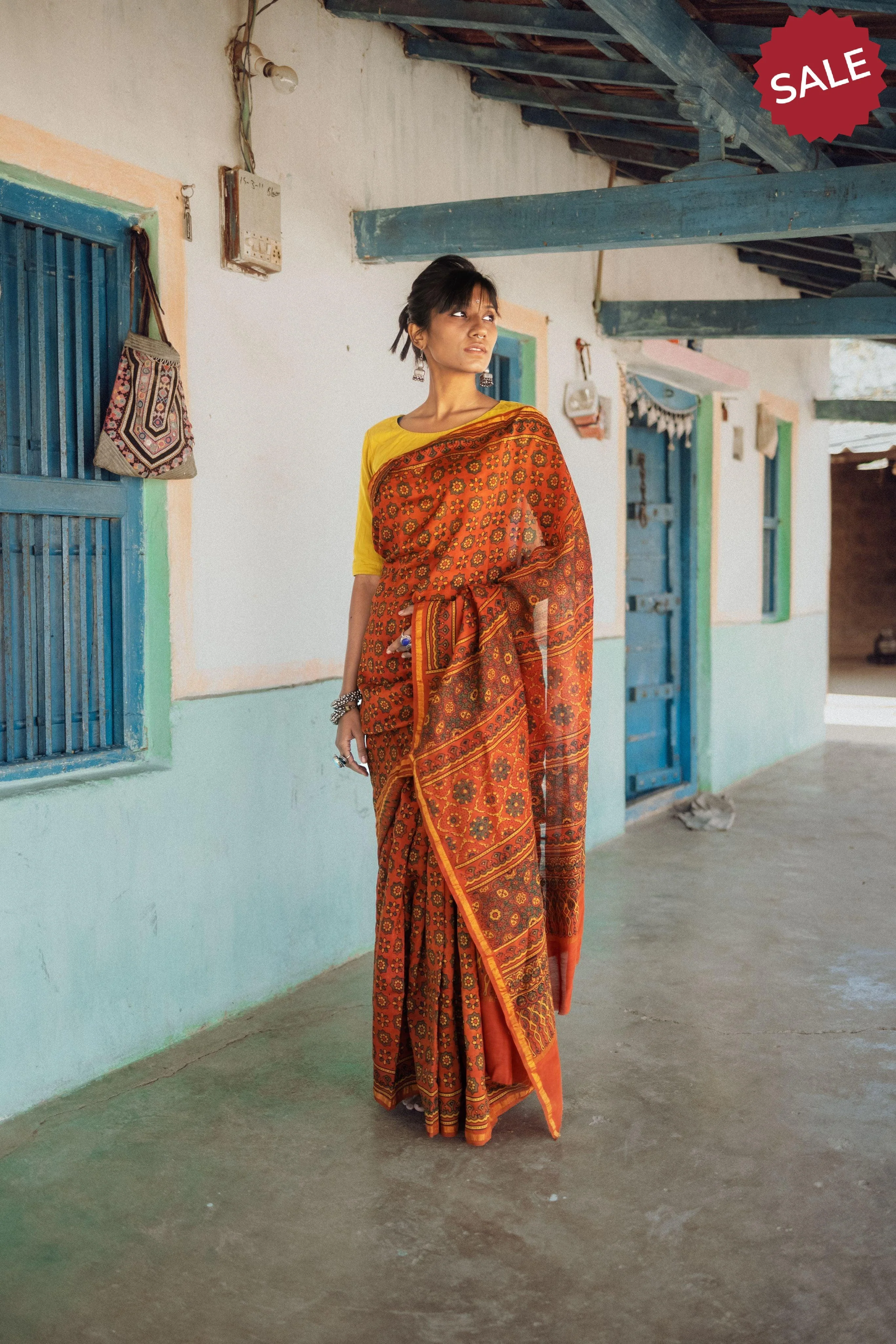 A trsyt with Ajrakh -  Jharokha - Orange green chanderi ajrakh saree - Image 3