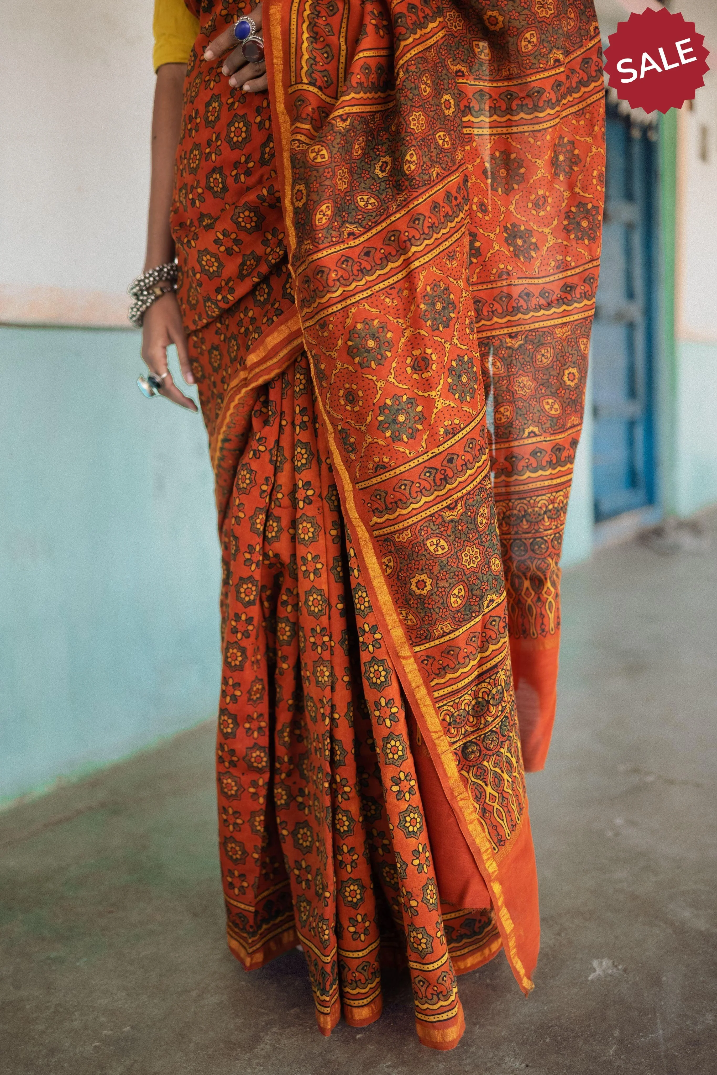 A trsyt with Ajrakh -  Jharokha - Orange green chanderi ajrakh saree - Image 4