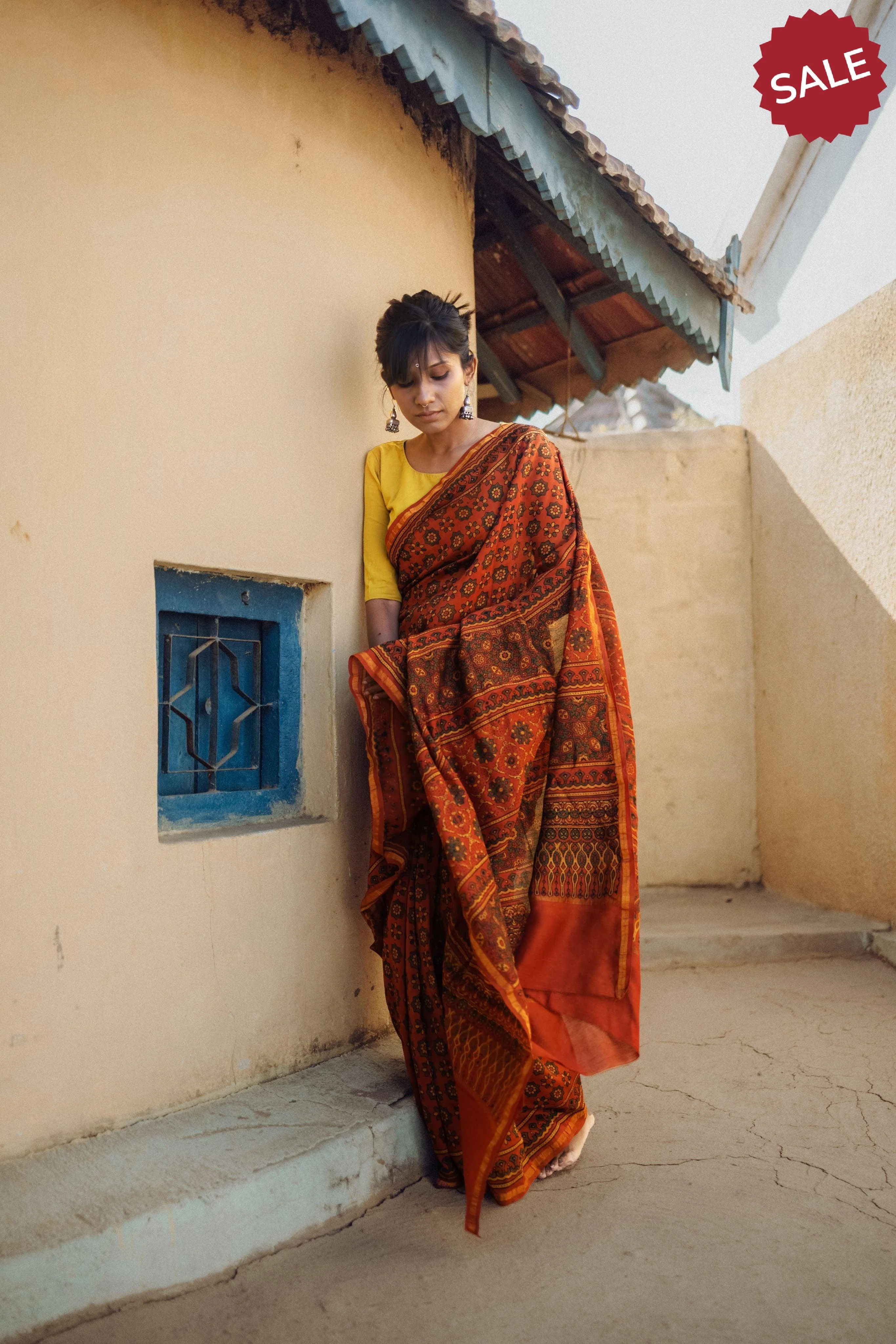 A trsyt with Ajrakh -  Jharokha - Orange green chanderi ajrakh saree - Image 8