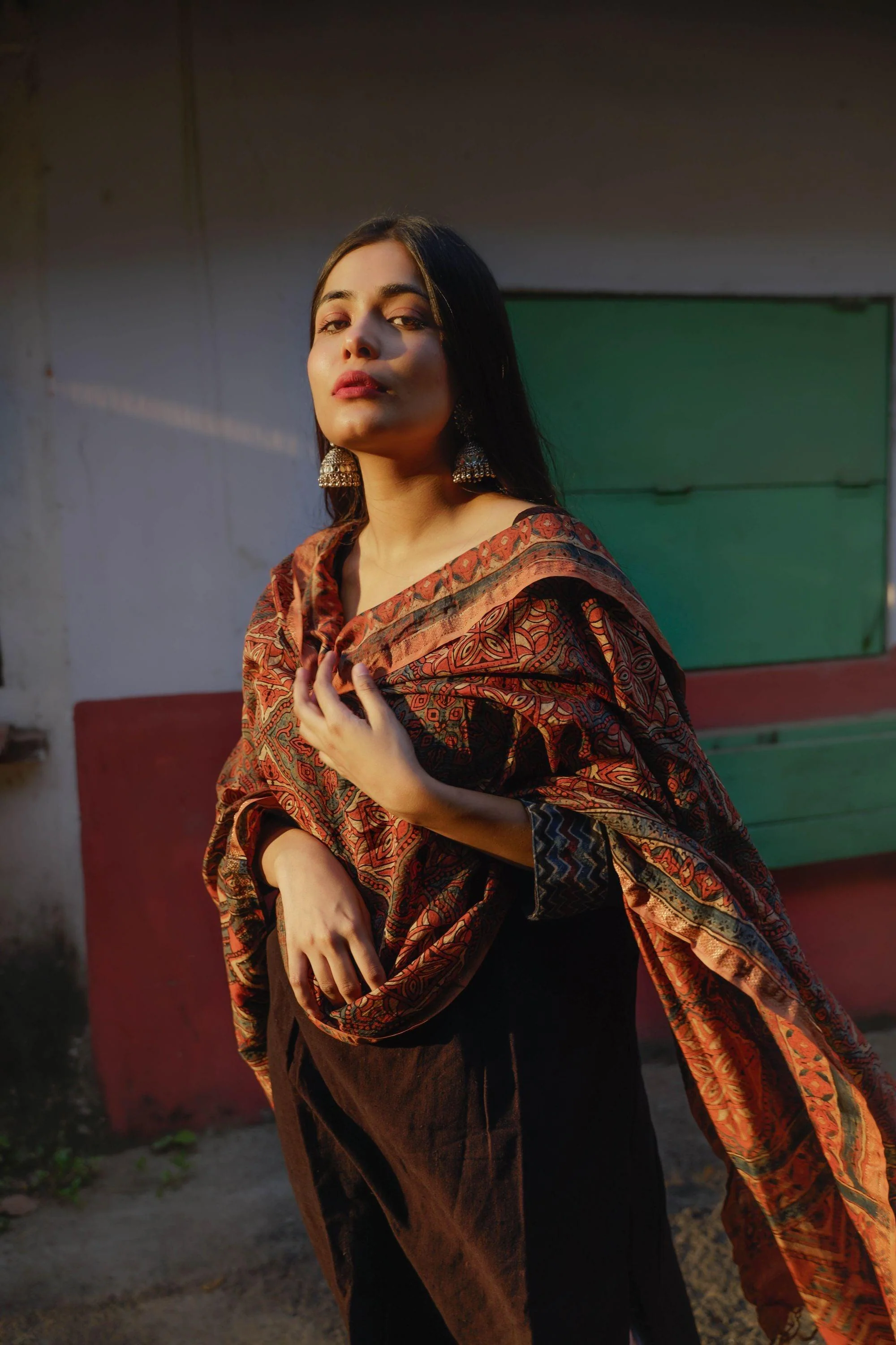 Kaisori Ajrakh Triad Red and Brown Silk cotton dupatta - Image 10