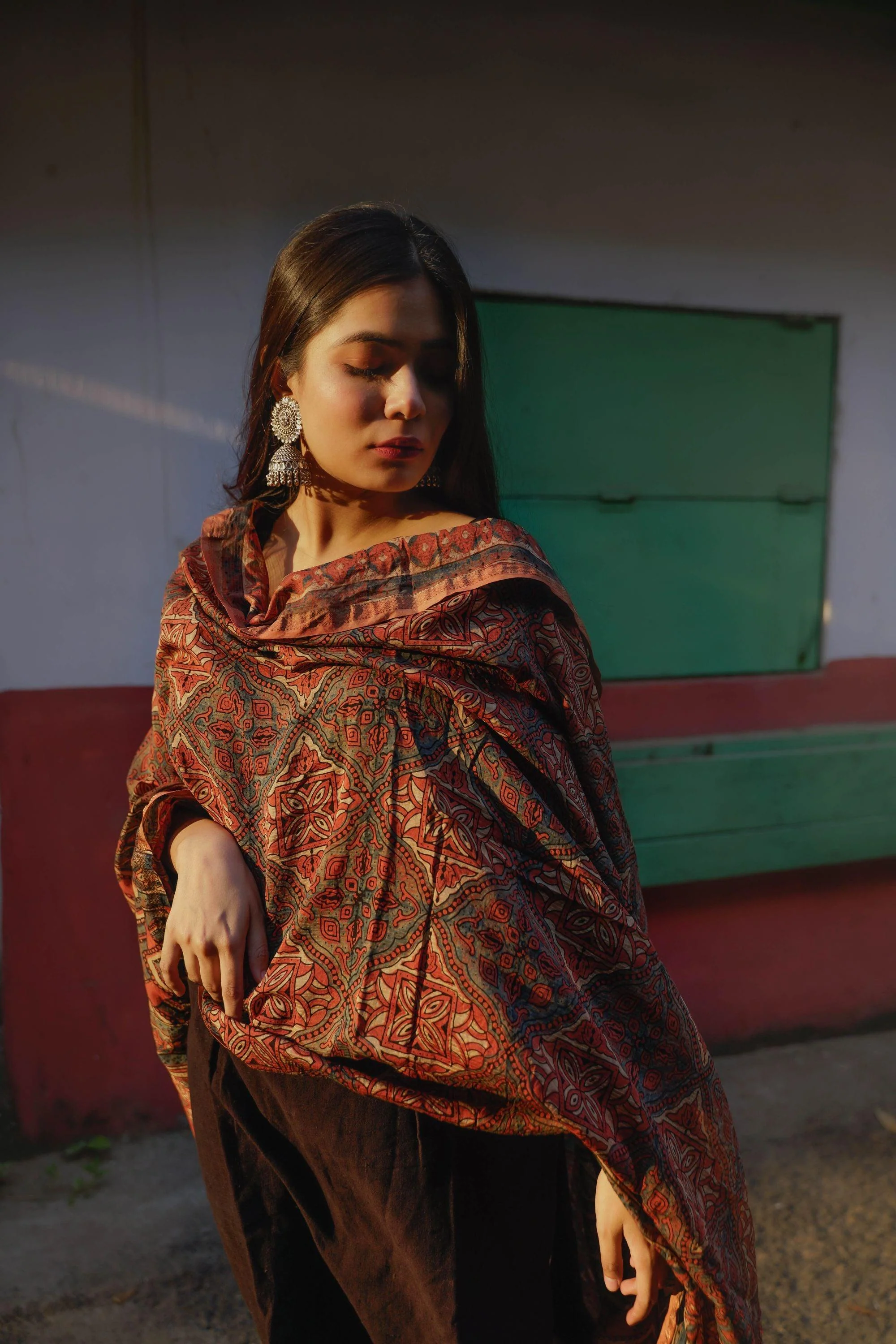 Kaisori Ajrakh Triad Red and Brown Silk cotton dupatta - Image 11