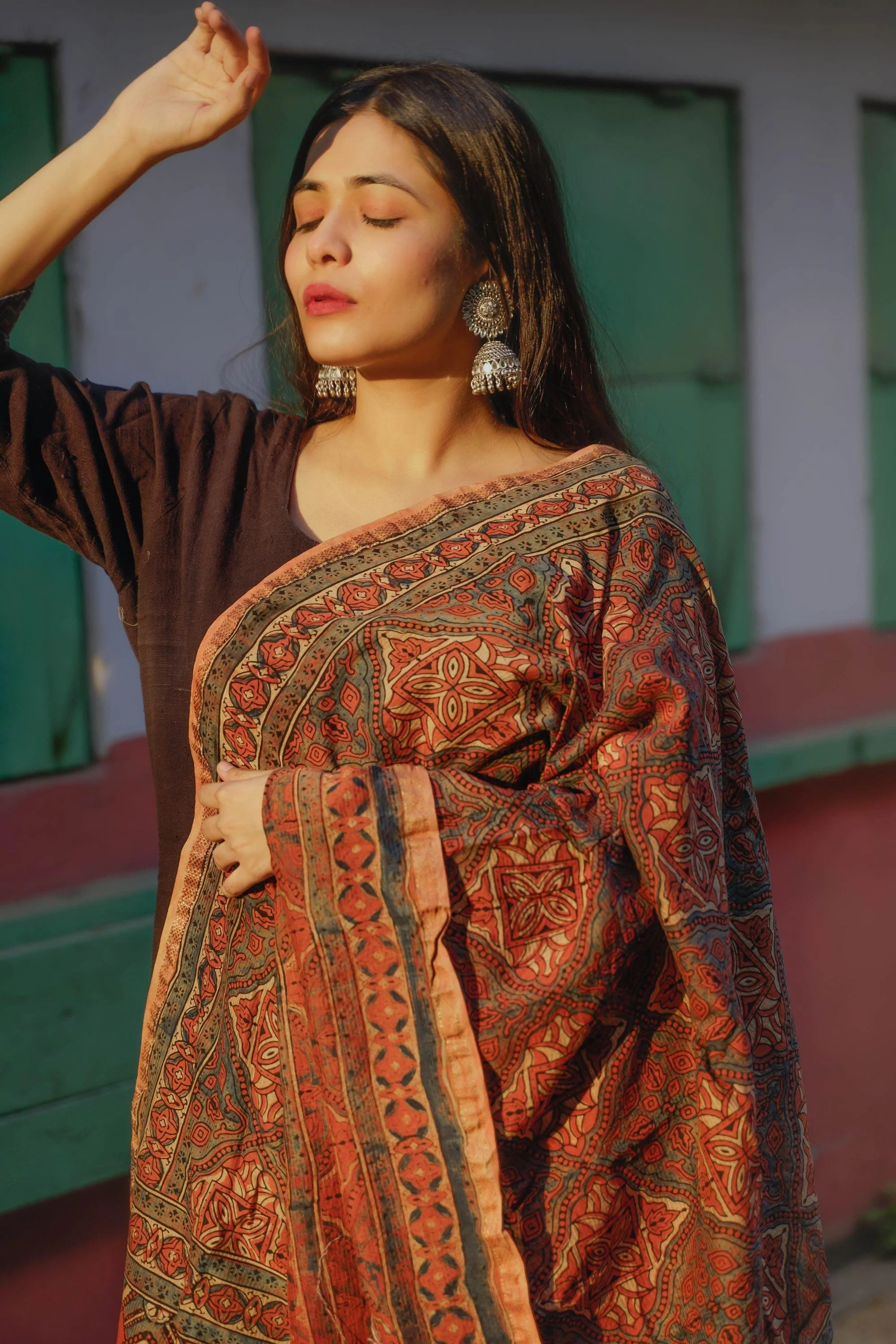 Kaisori Ajrakh Triad Red and Brown Silk cotton dupatta - Image 6