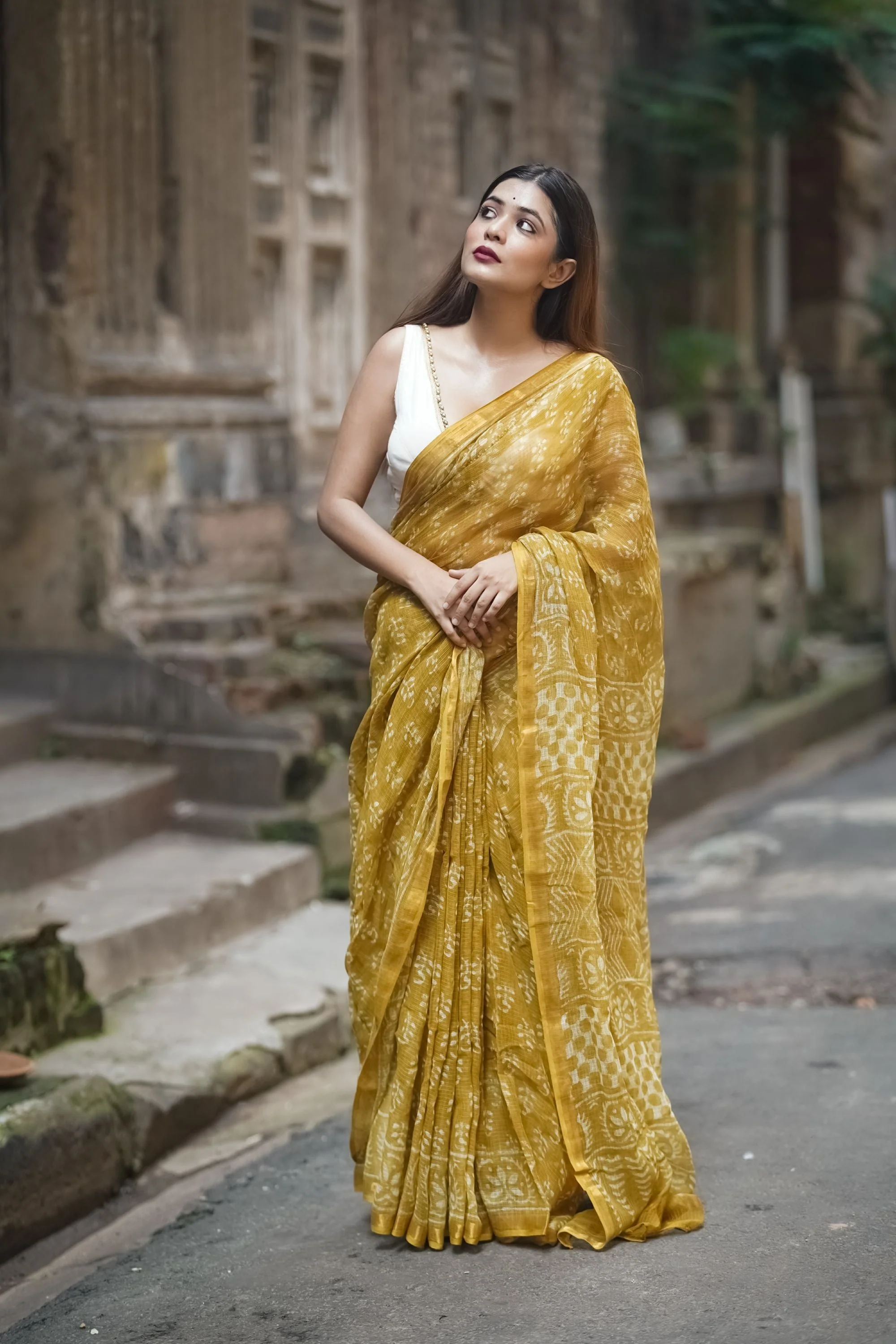 Natural dyed Dabu sarees - Malhar - Champa - Image 10