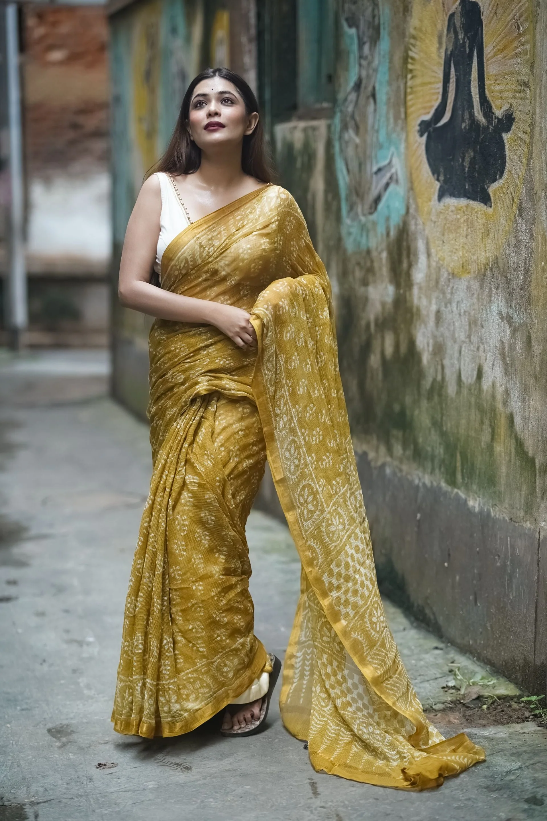 Natural dyed Dabu sarees - Malhar - Champa - Image 6