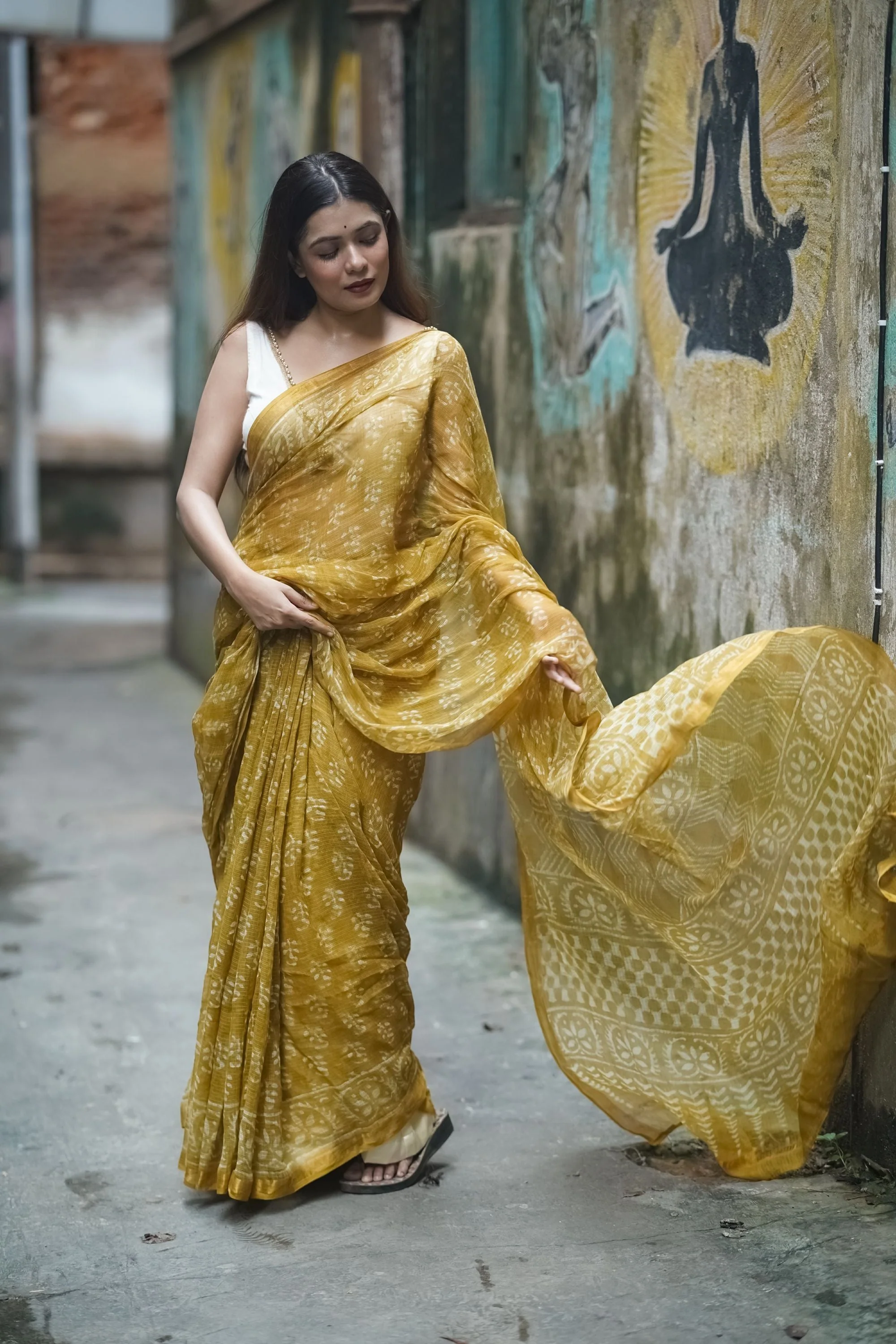 Natural dyed Dabu sarees - Malhar - Champa - Image 8