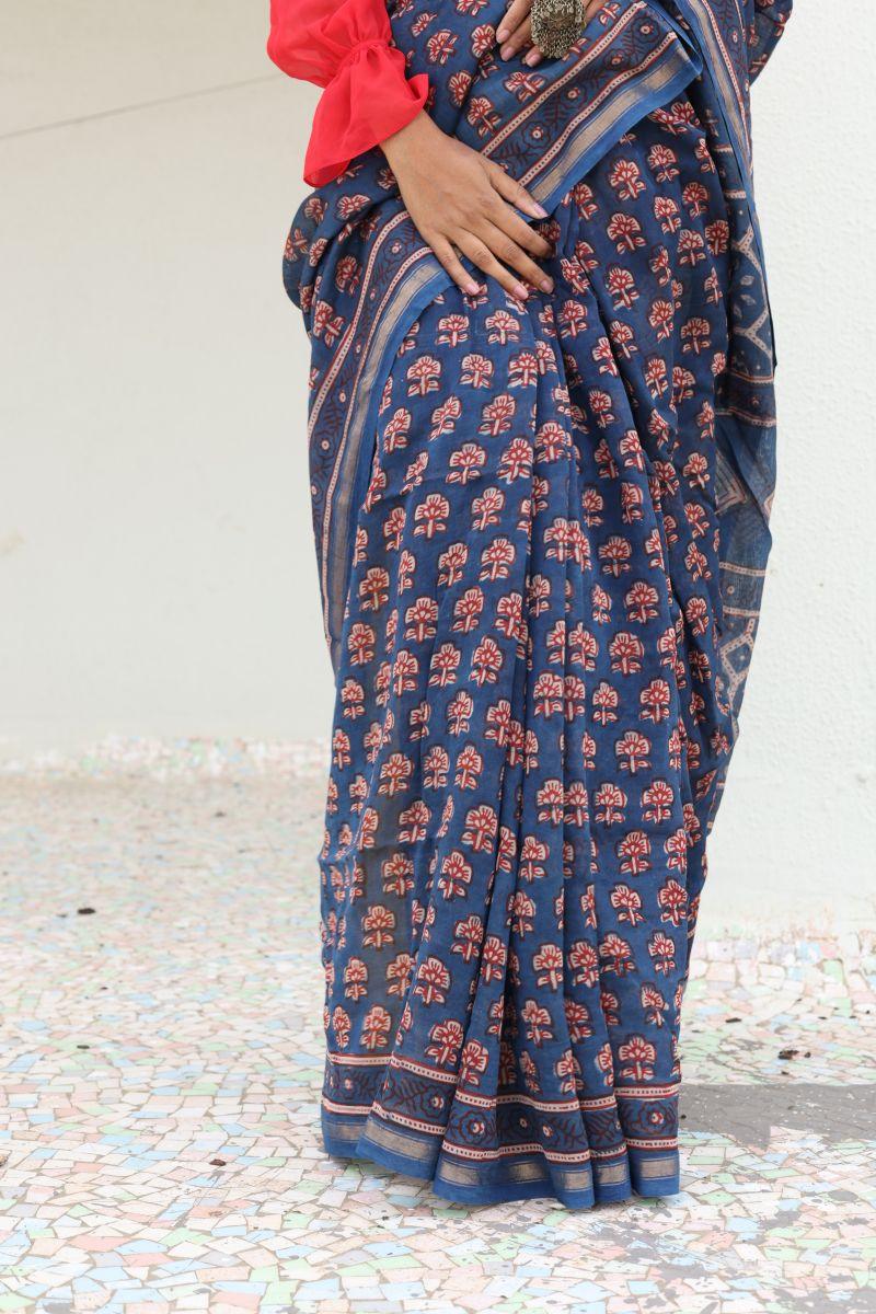 Natural dyed Dabu sarees - Malhar -Pharad Gulab - Image 3
