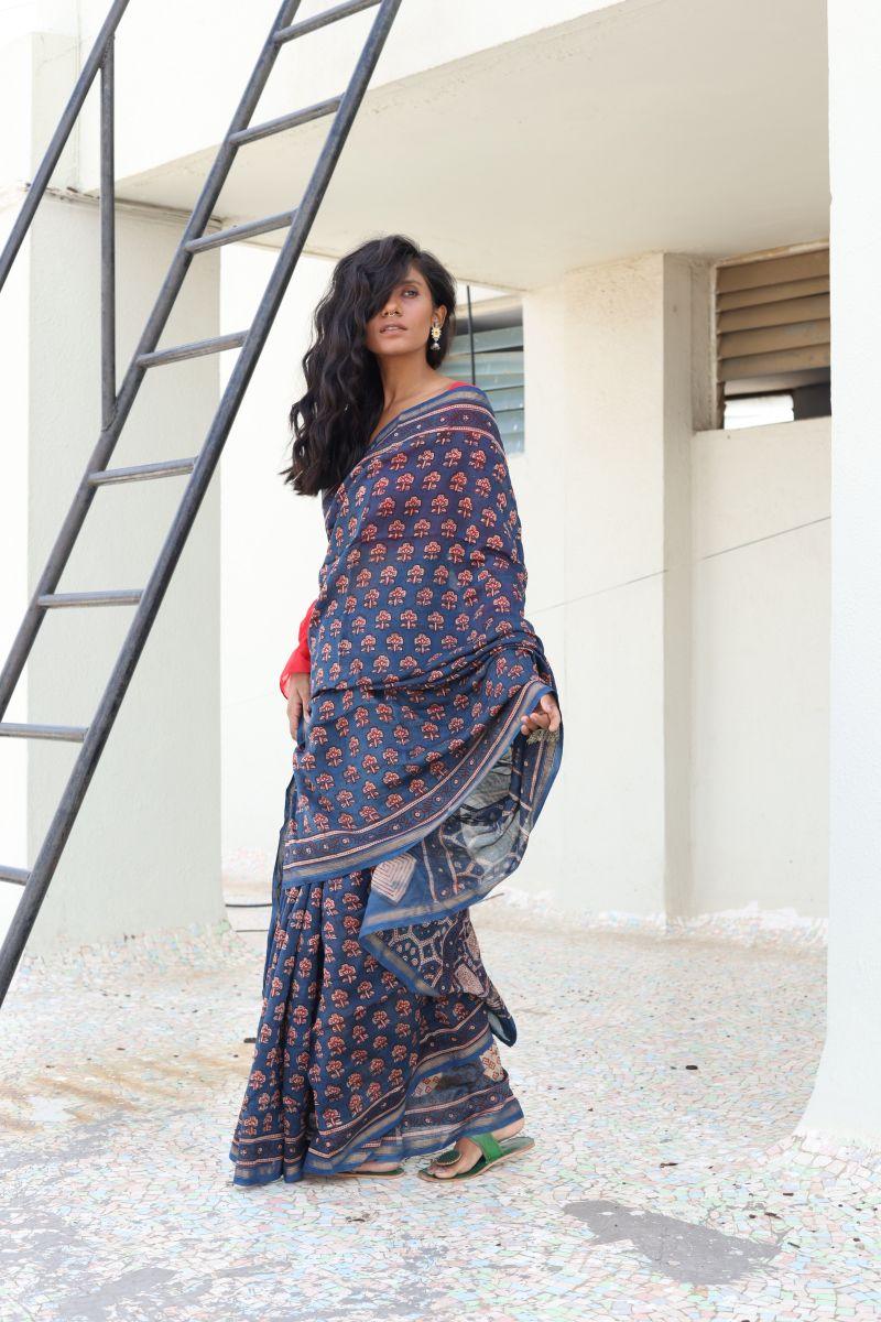 Natural dyed Dabu sarees - Malhar -Pharad Gulab - Image 5