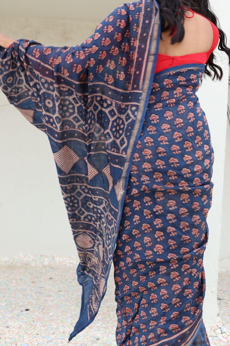 Natural dyed Dabu sarees - Malhar -Pharad Gulab - Image 7