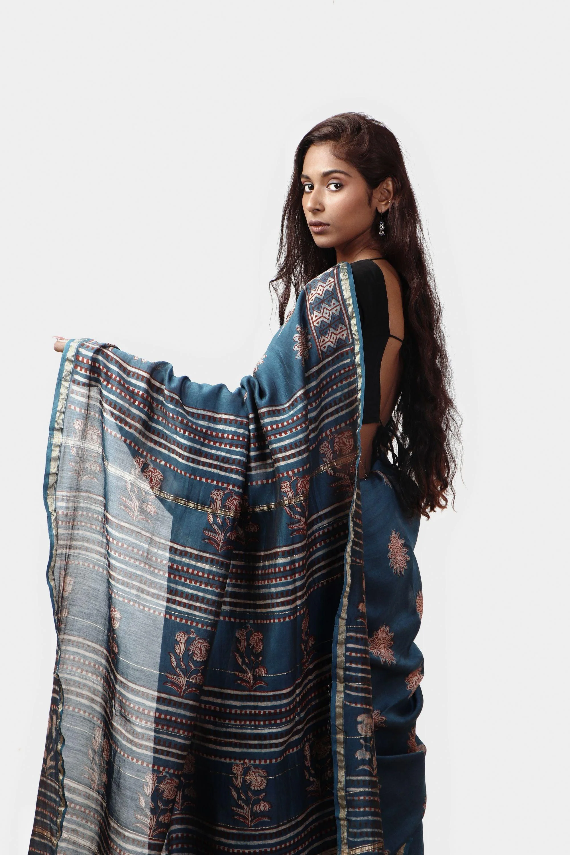 Natural dyed Dabu sarees - Malhar - Neela - Image 6