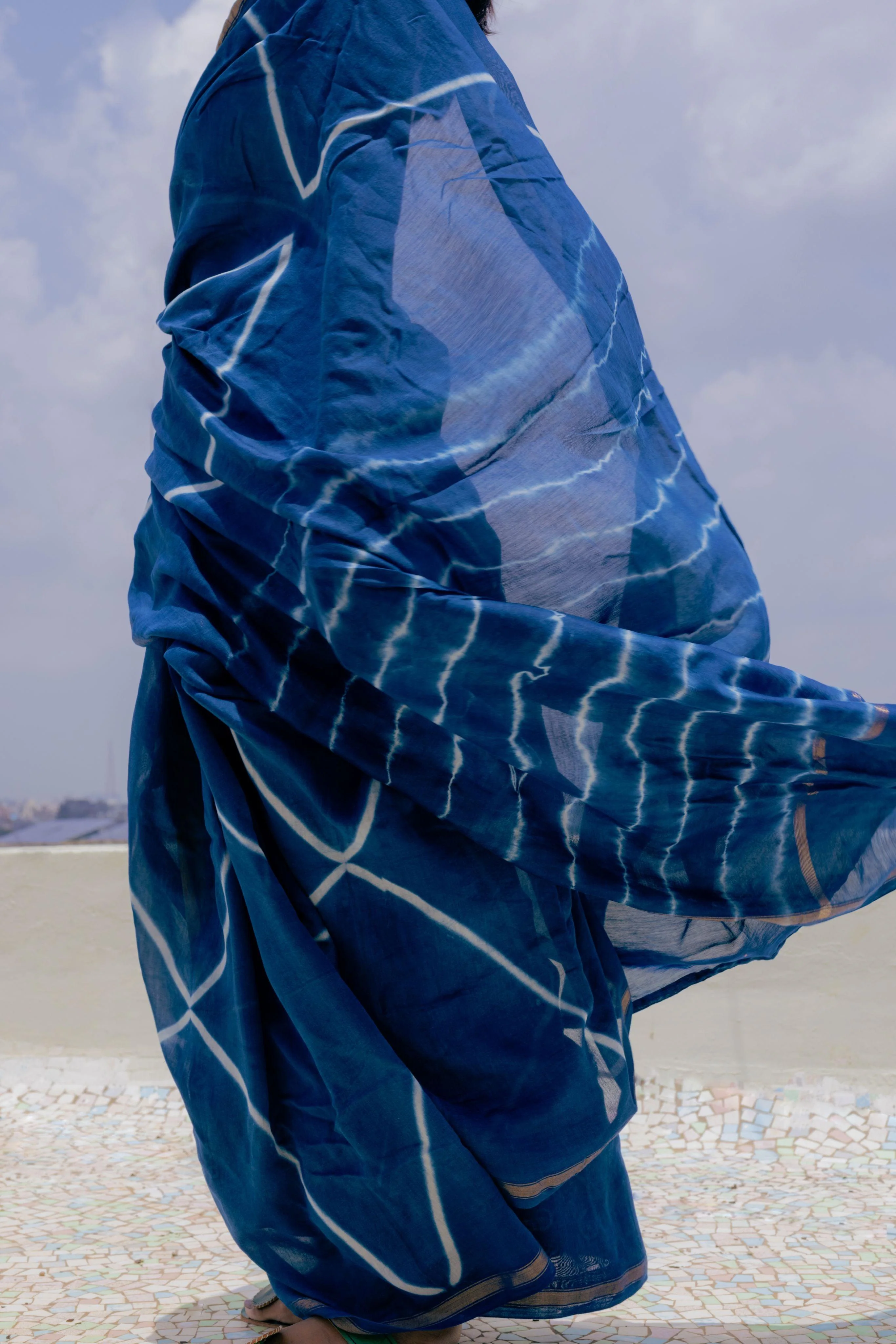 Natural dyed Dabu sarees - Malhar - Striped tie and dye  Dau saree - Image 6