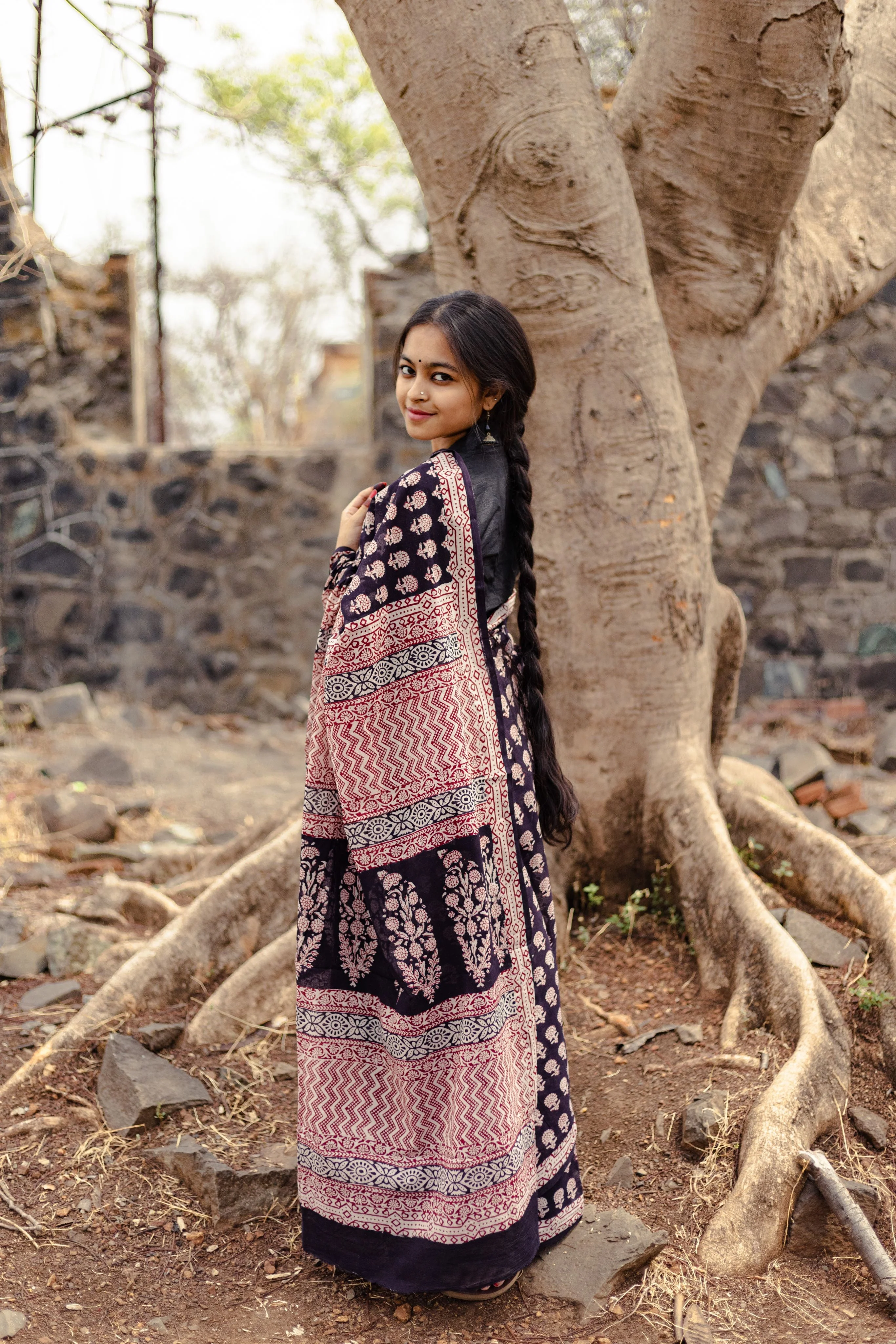 Natural dyed Bagh print sarees - Chitara - Gulab - Image 3
