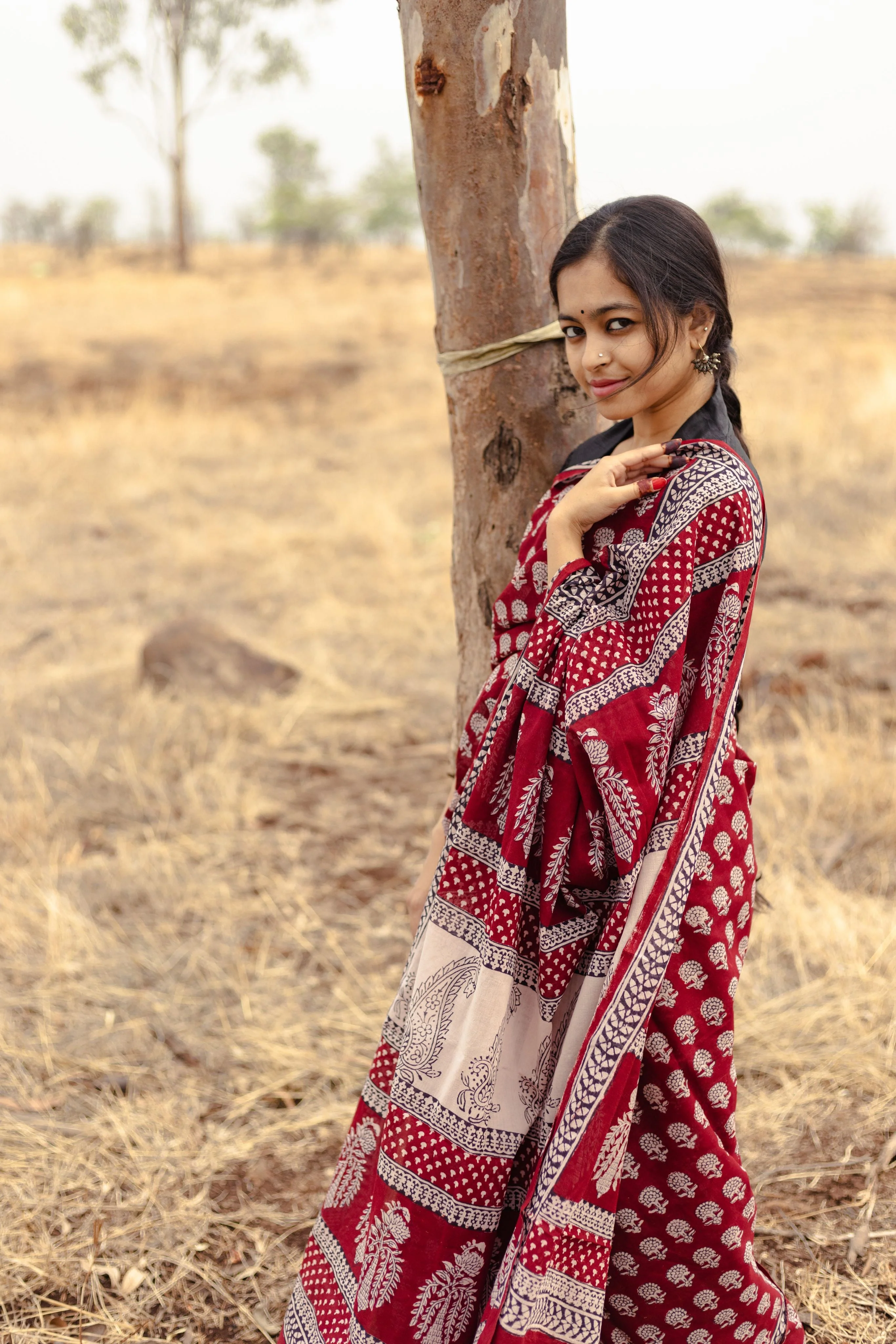 Natural dyed Bagh print sarees - Chitara - Champa - Image 7