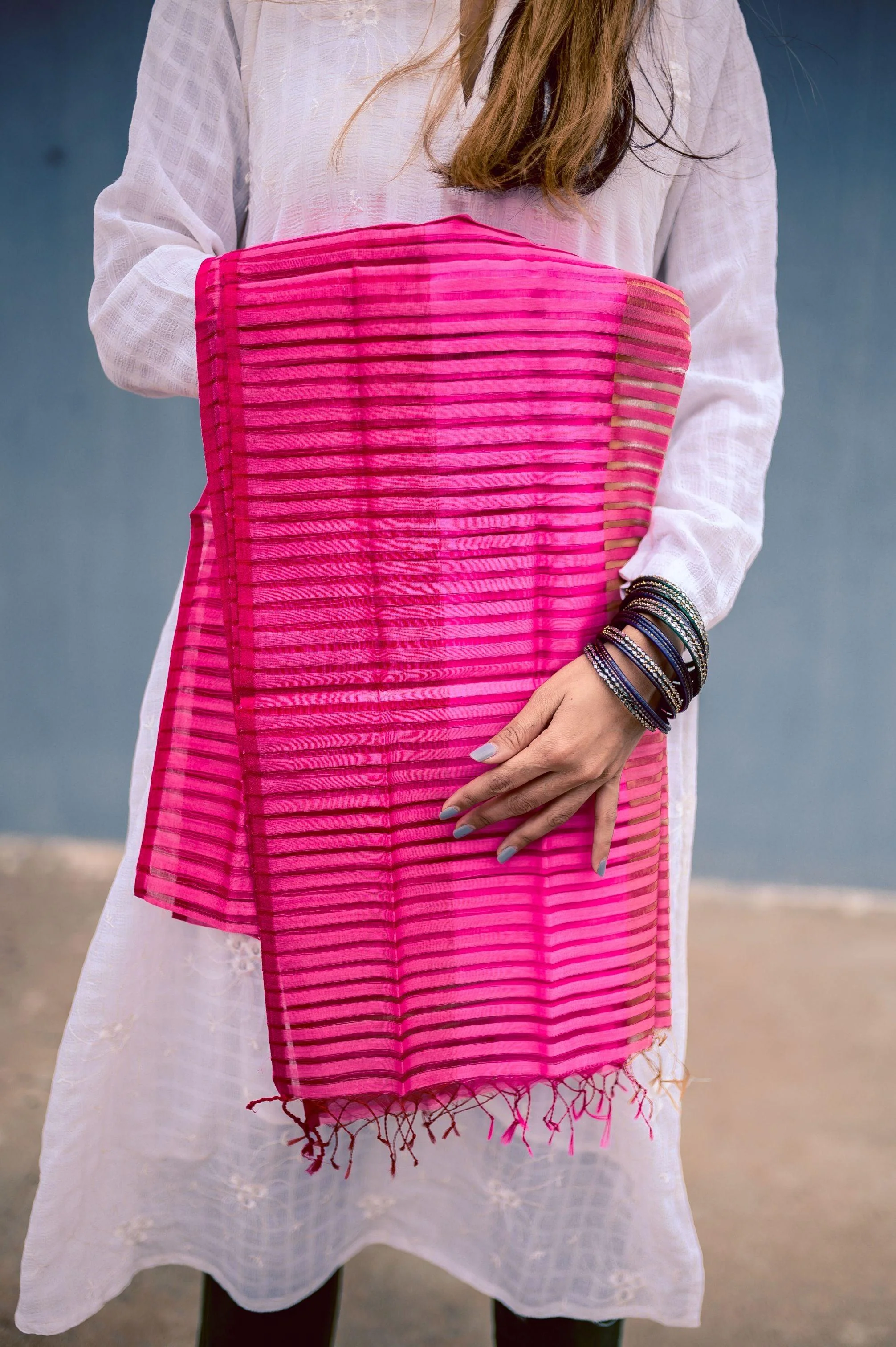 Maheswari handloom stole - Pink - Image 4