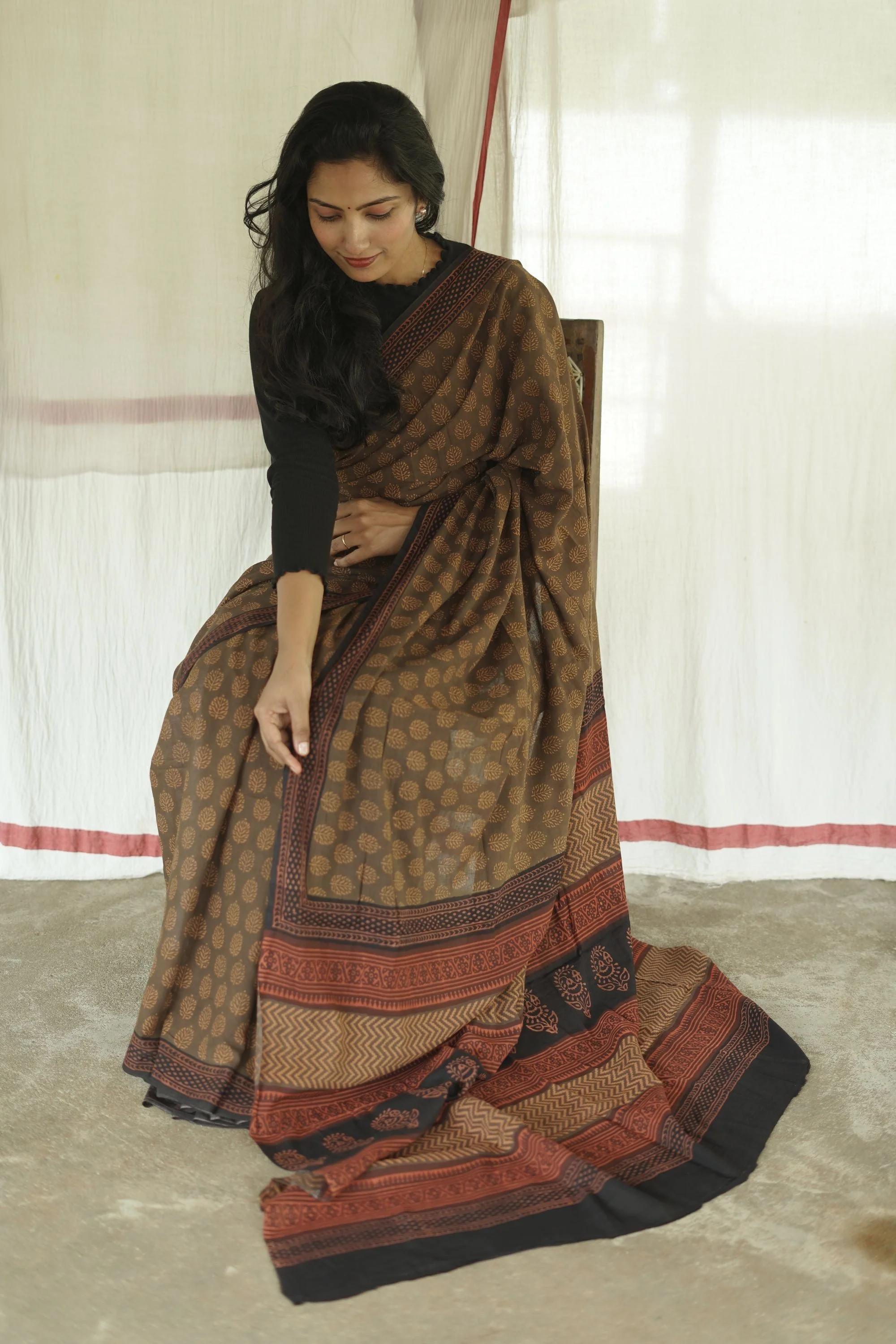Natural dyed Bagru cotton saree - Roheda-  Lotusi Discharge Mulmul Sarees - Image 3