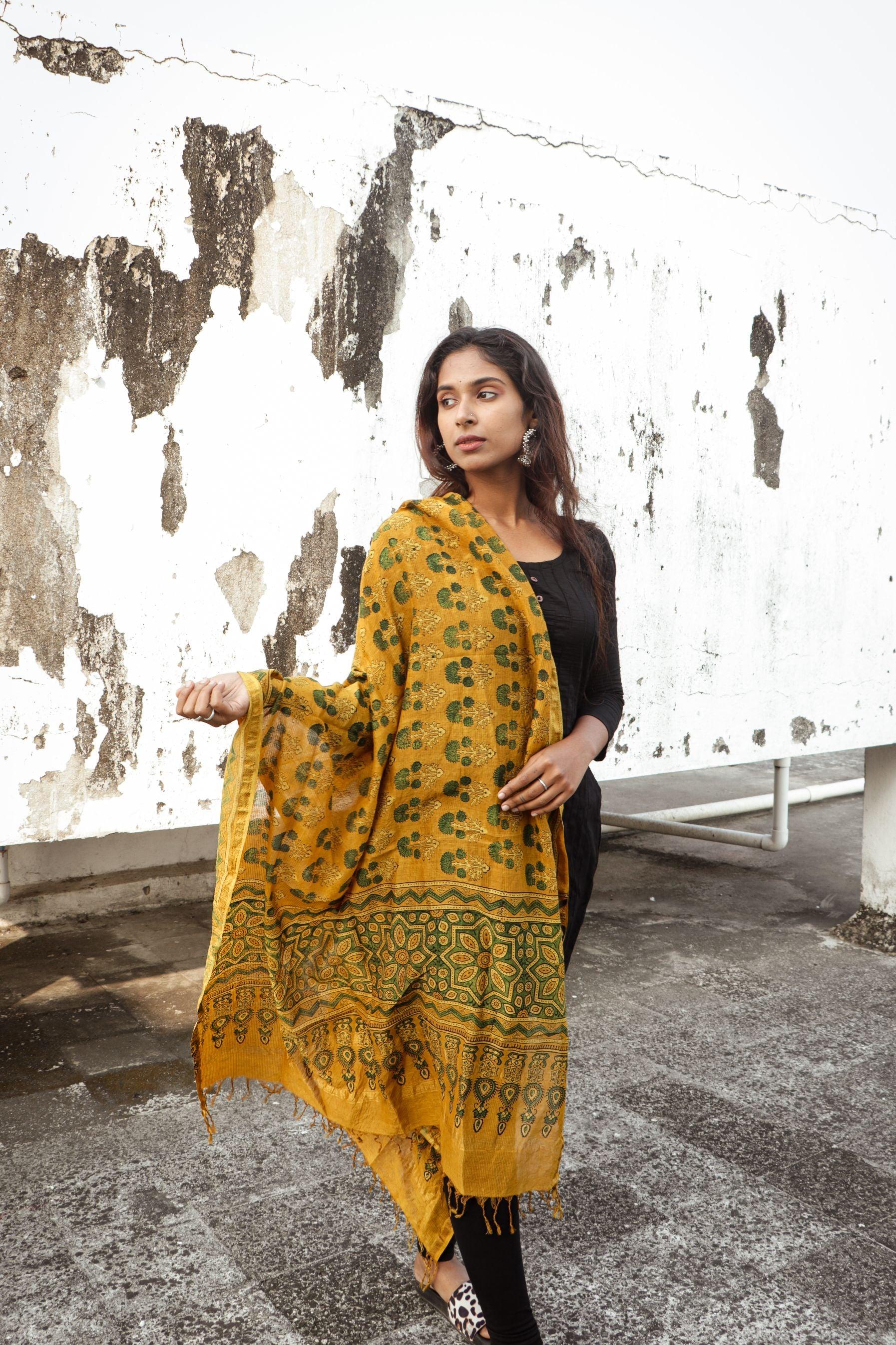 Kaisori Ajrakh Mustard Chanderi Dupatta - Image 13