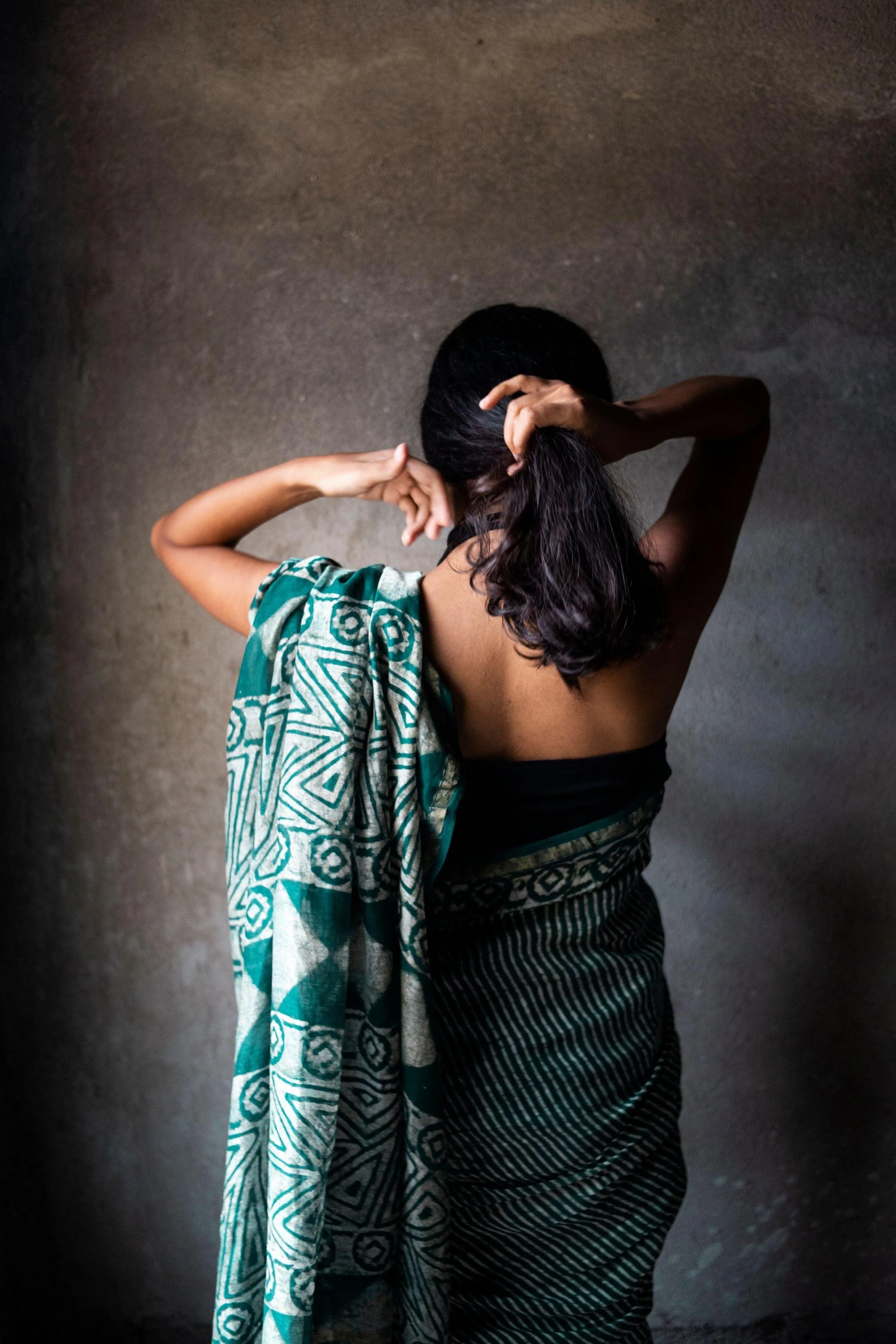 Natural dyed green Dabu sarees - Malhar - Kesula - Image 8