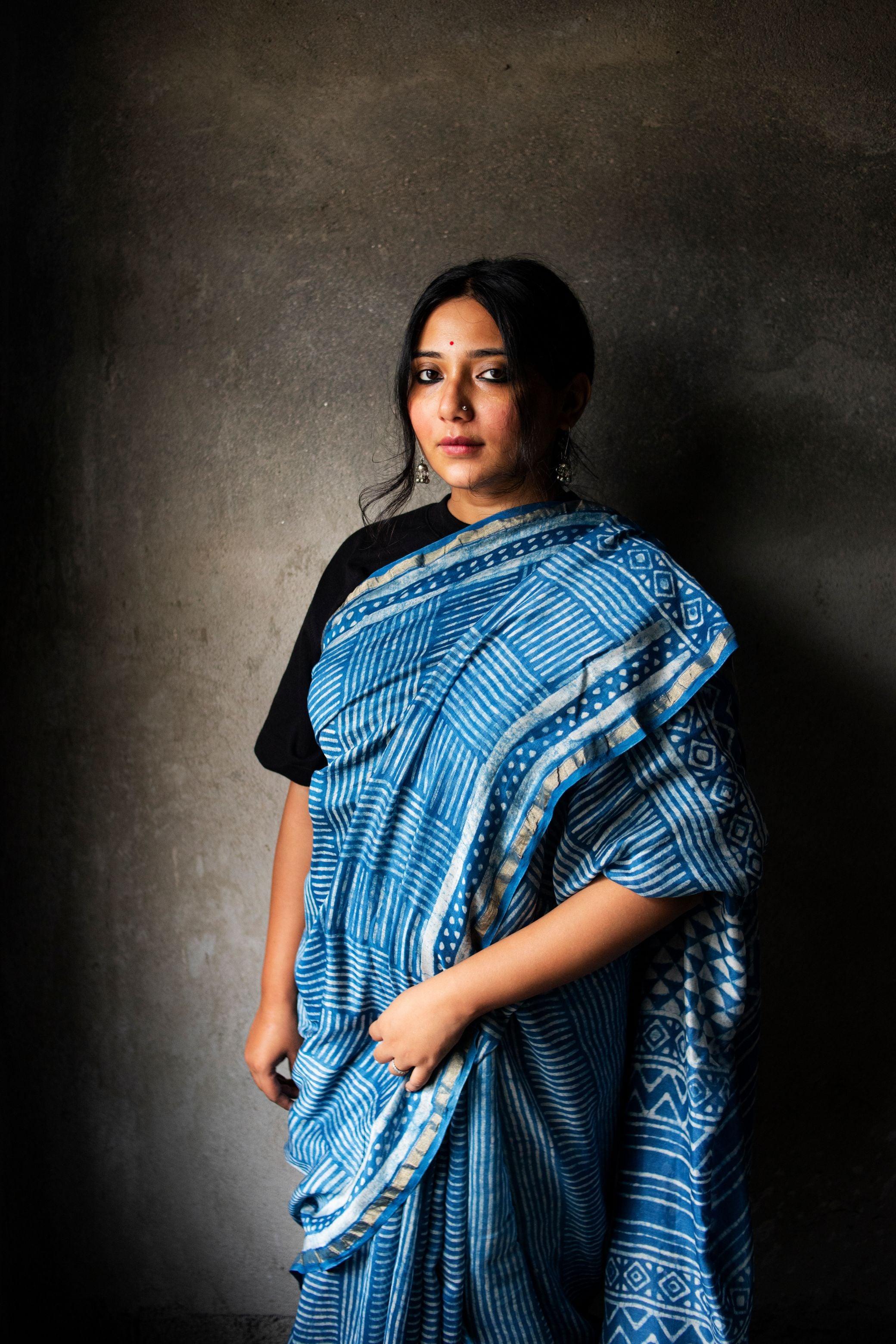 Natural dyed Dabu sarees - Malhar -Indigo Dabu saree - Image 5