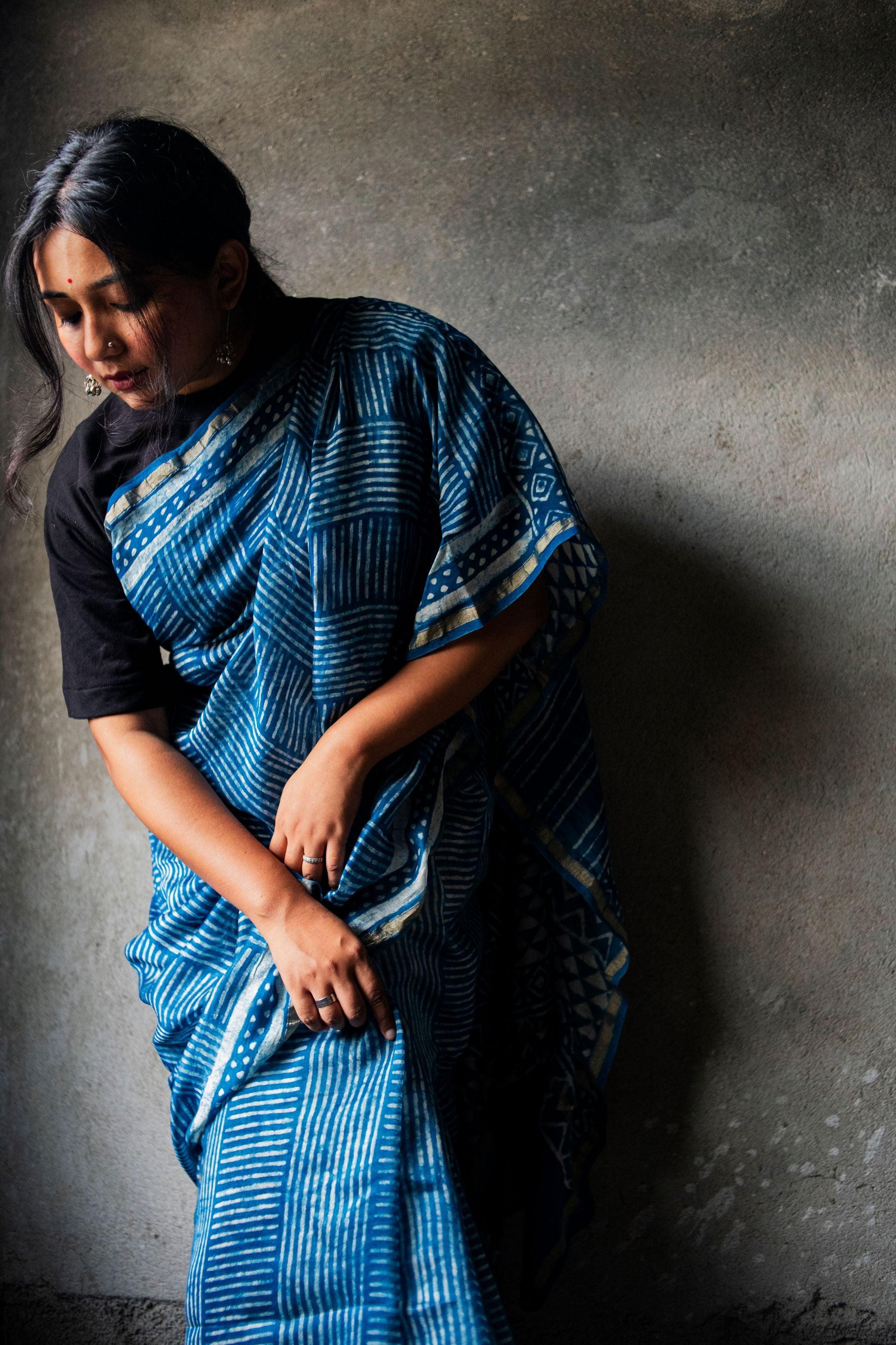 Natural dyed Dabu sarees - Malhar -Indigo Dabu saree - Image 7