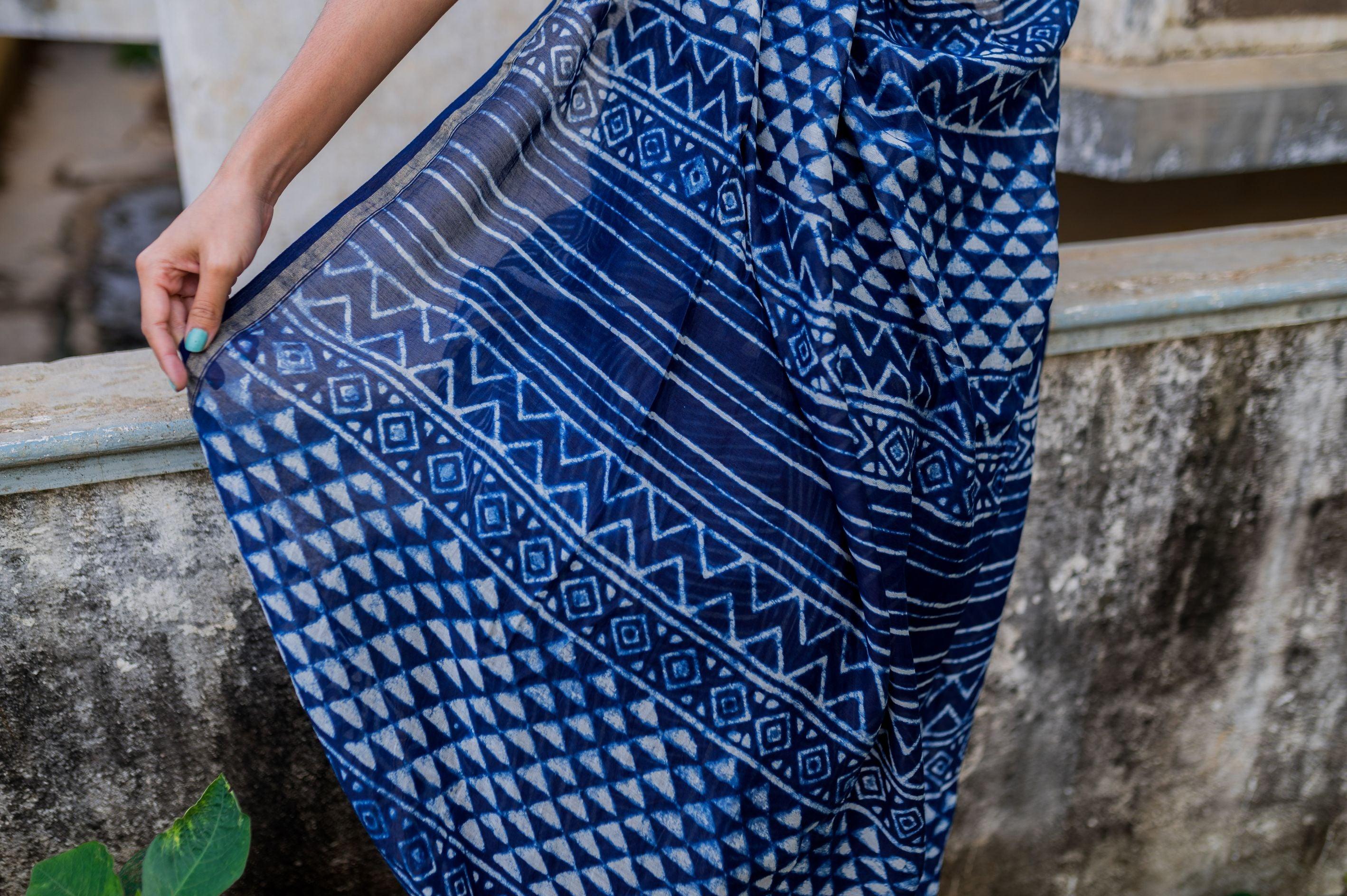 Natural dyed Dabu sarees - Malhar -Striped Indigo - Image 5