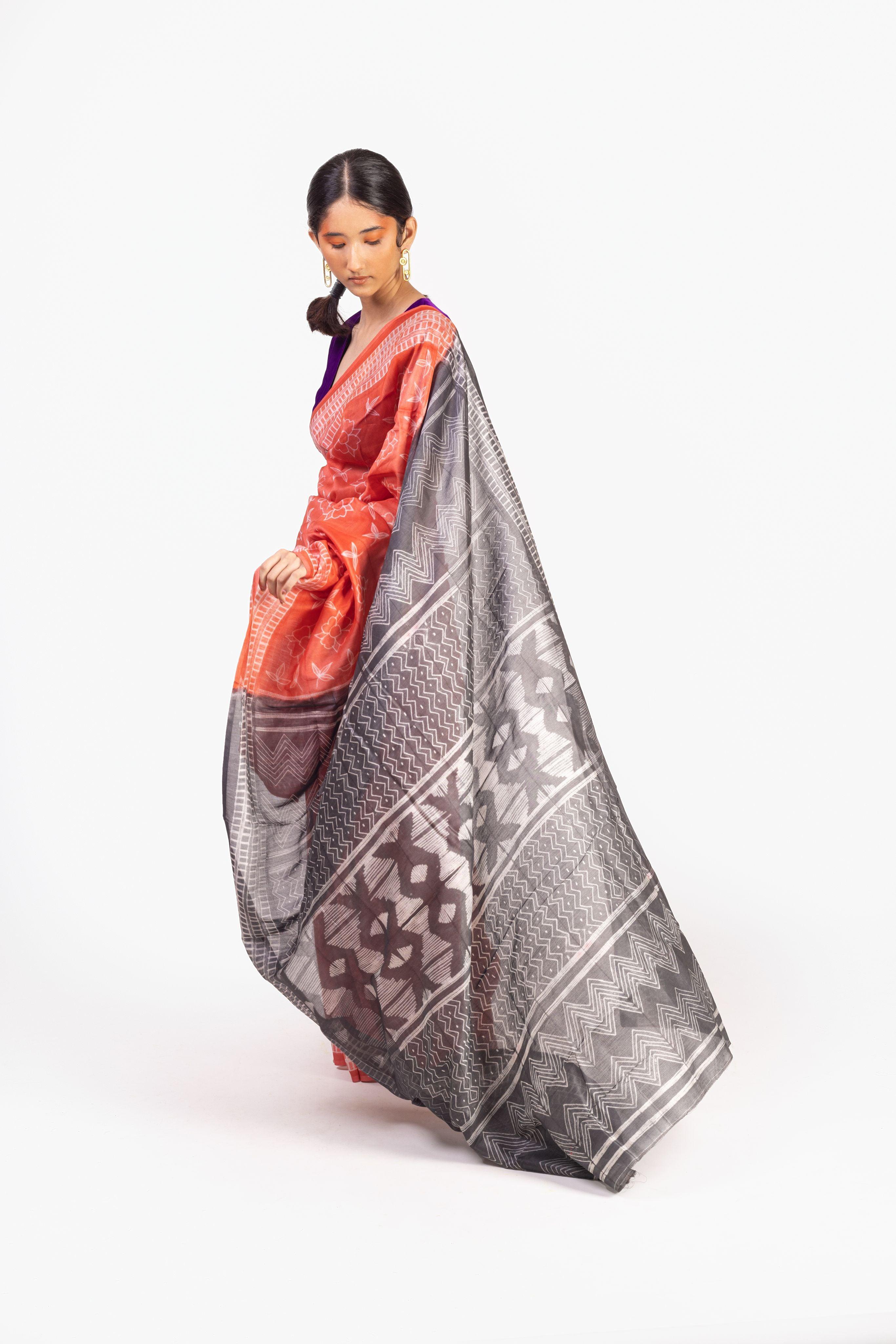 The art of Tie and Dye - Zahra - Red and Grey Shibori saree - Image 3