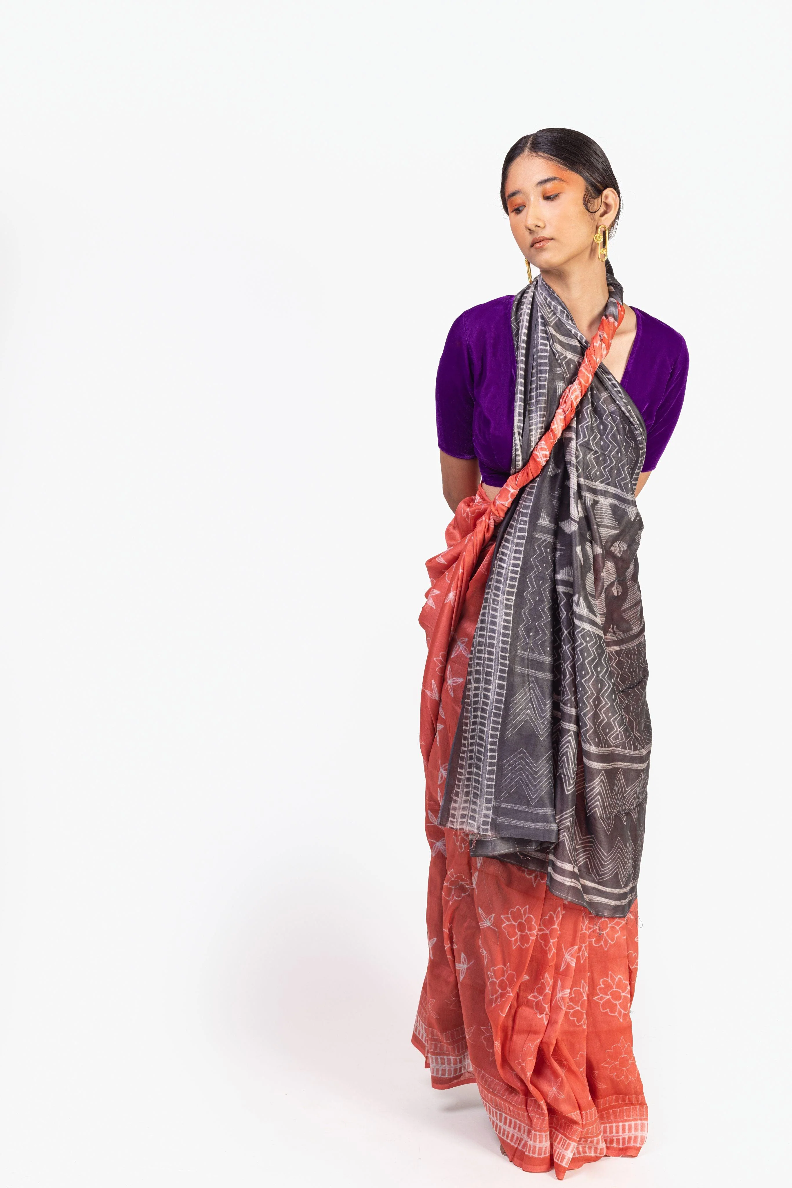 The art of Tie and Dye - Zahra - Red and Grey Shibori saree - Image 6