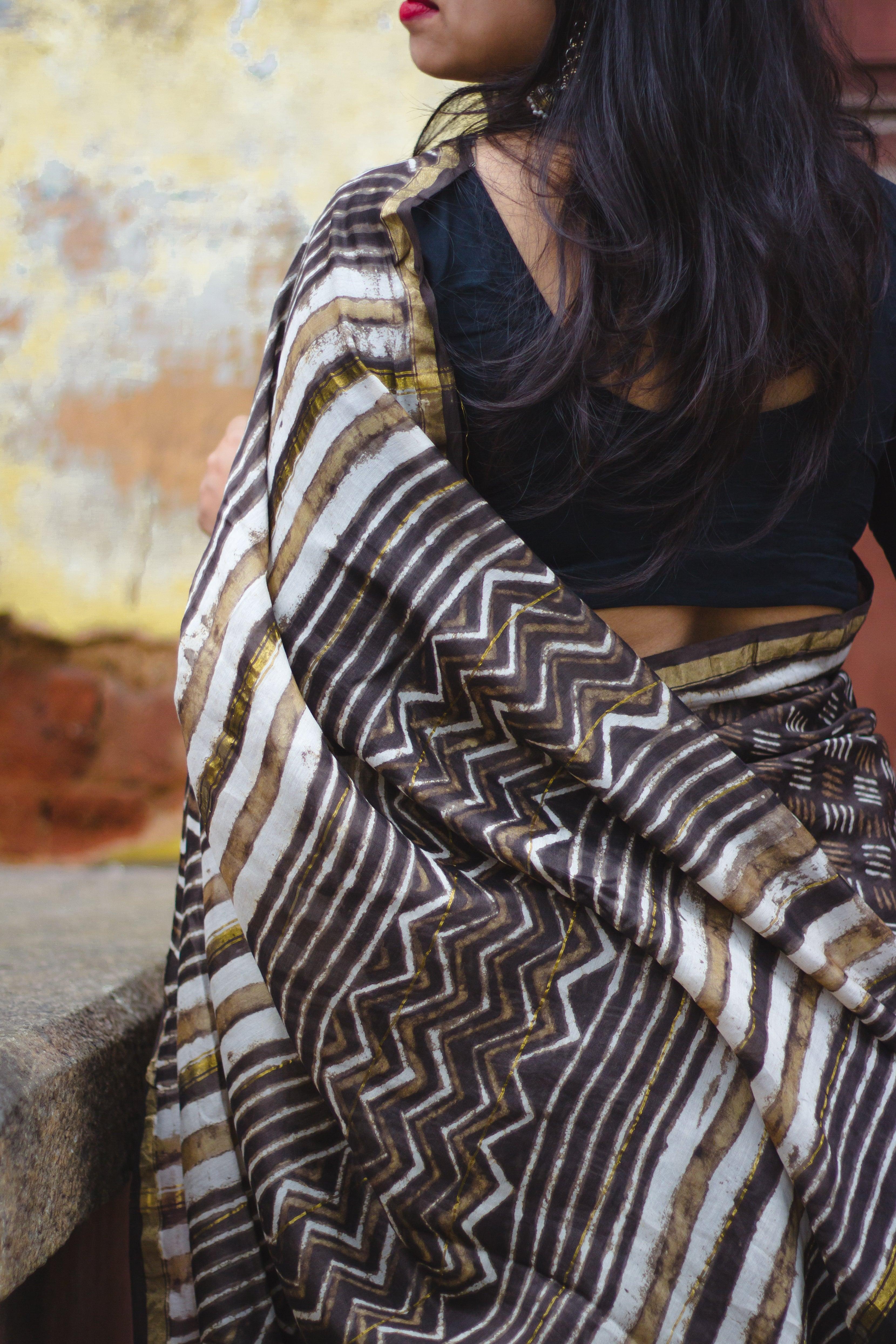 Natural dyed Dabu sarees - Malhar -Kashish mixed stripes - Image 3