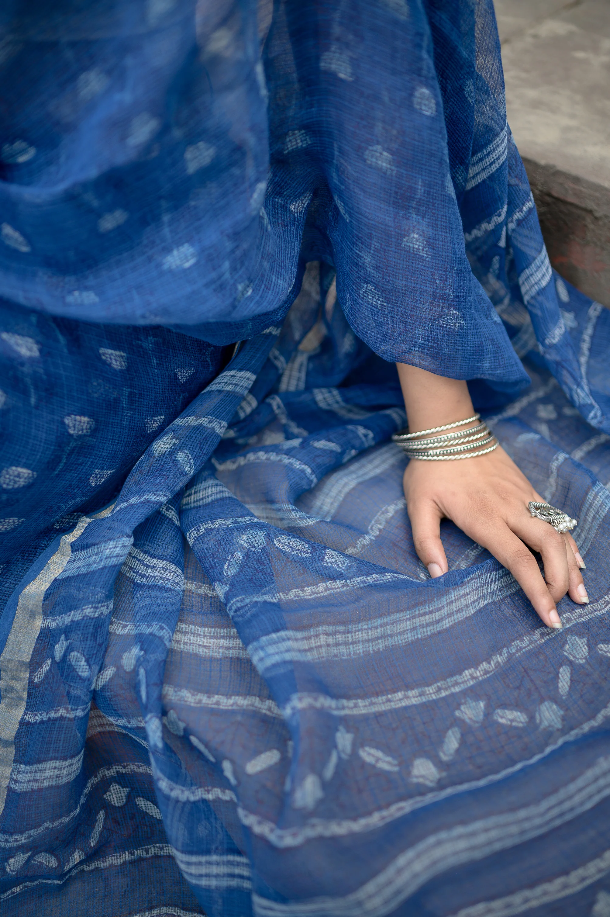 Natural dyed Dabu sarees - Malhar - Aasman - Image 5
