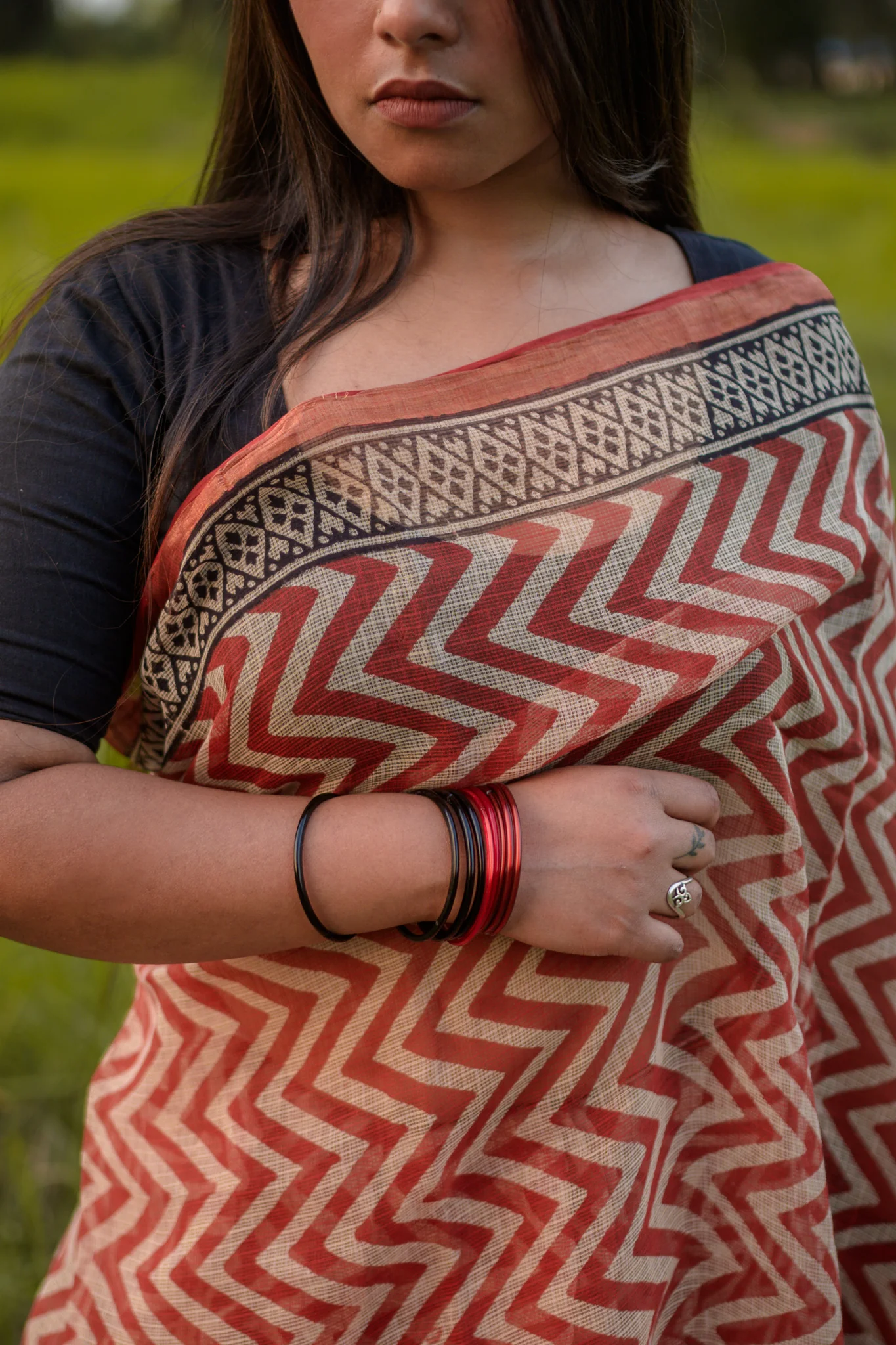 Natural dyed Bagru saree - Roheda Kota Chevron handblock printed saree - Image 5