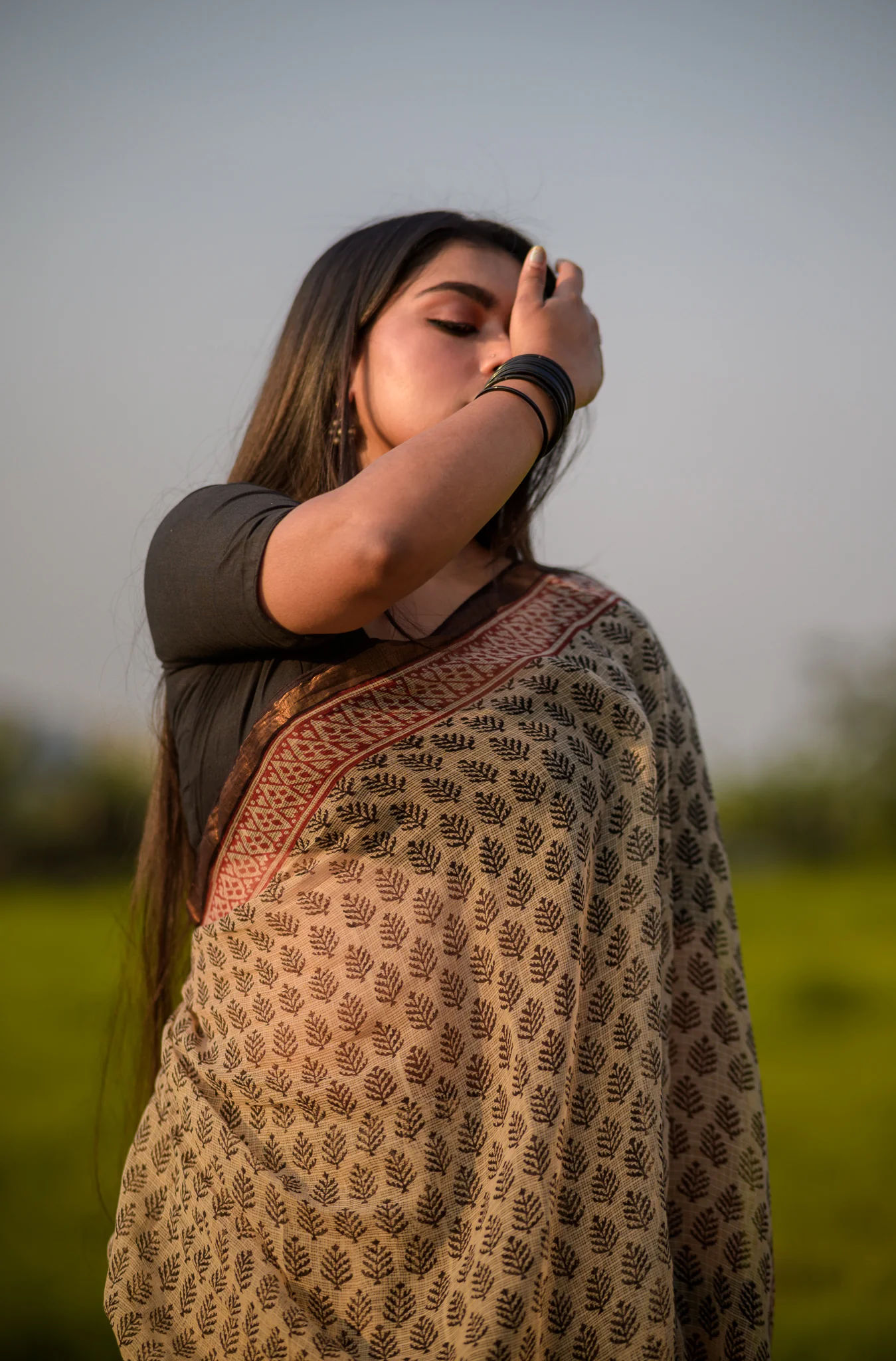 Natural dyed Bagru saree - Roheda Kota Mohini handblock printed saree - Image 4