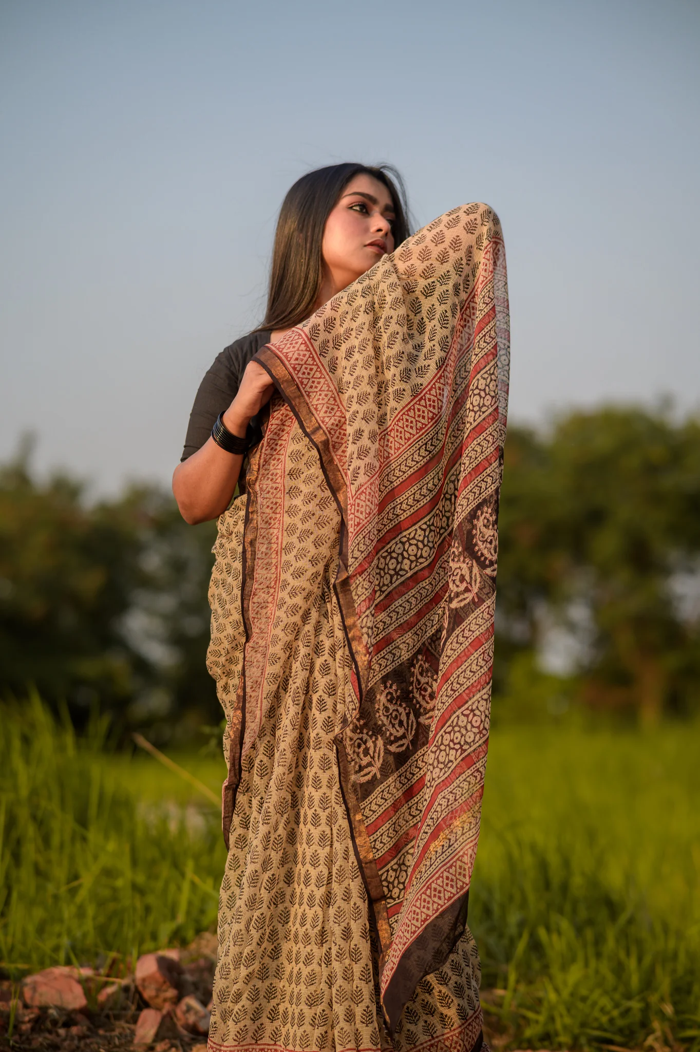 Natural dyed Bagru saree - Roheda Kota Mohini handblock printed saree - Image 7