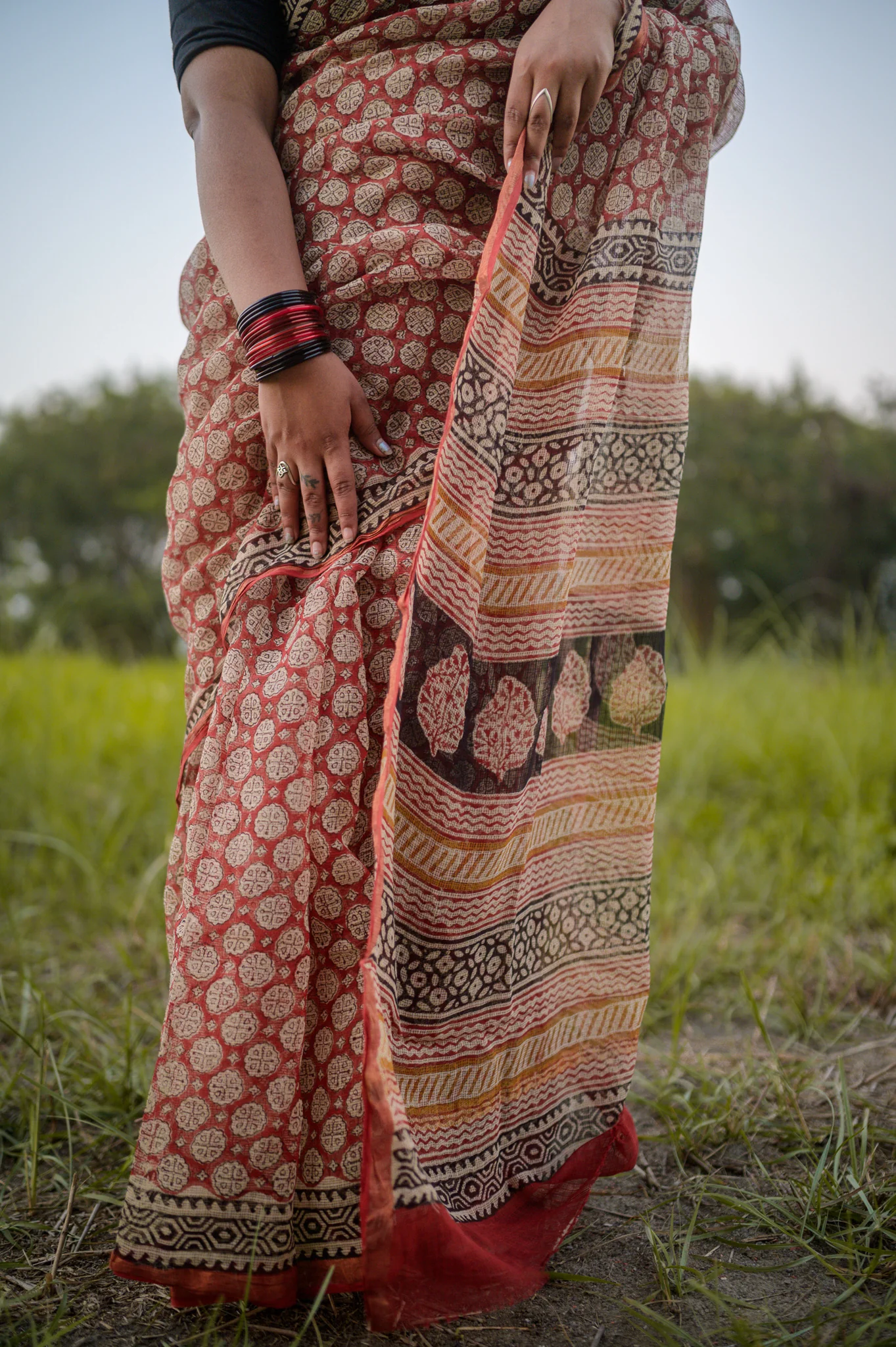Natural dyed Bagru saree - Roheda Kota Kamal handblock printed saree - Image 4
