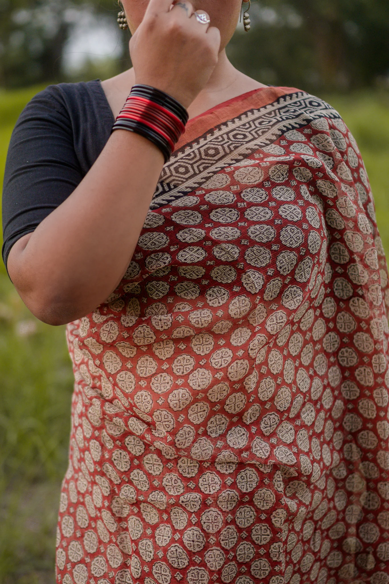 Natural dyed Bagru saree - Roheda Kota Kamal handblock printed saree - Image 7