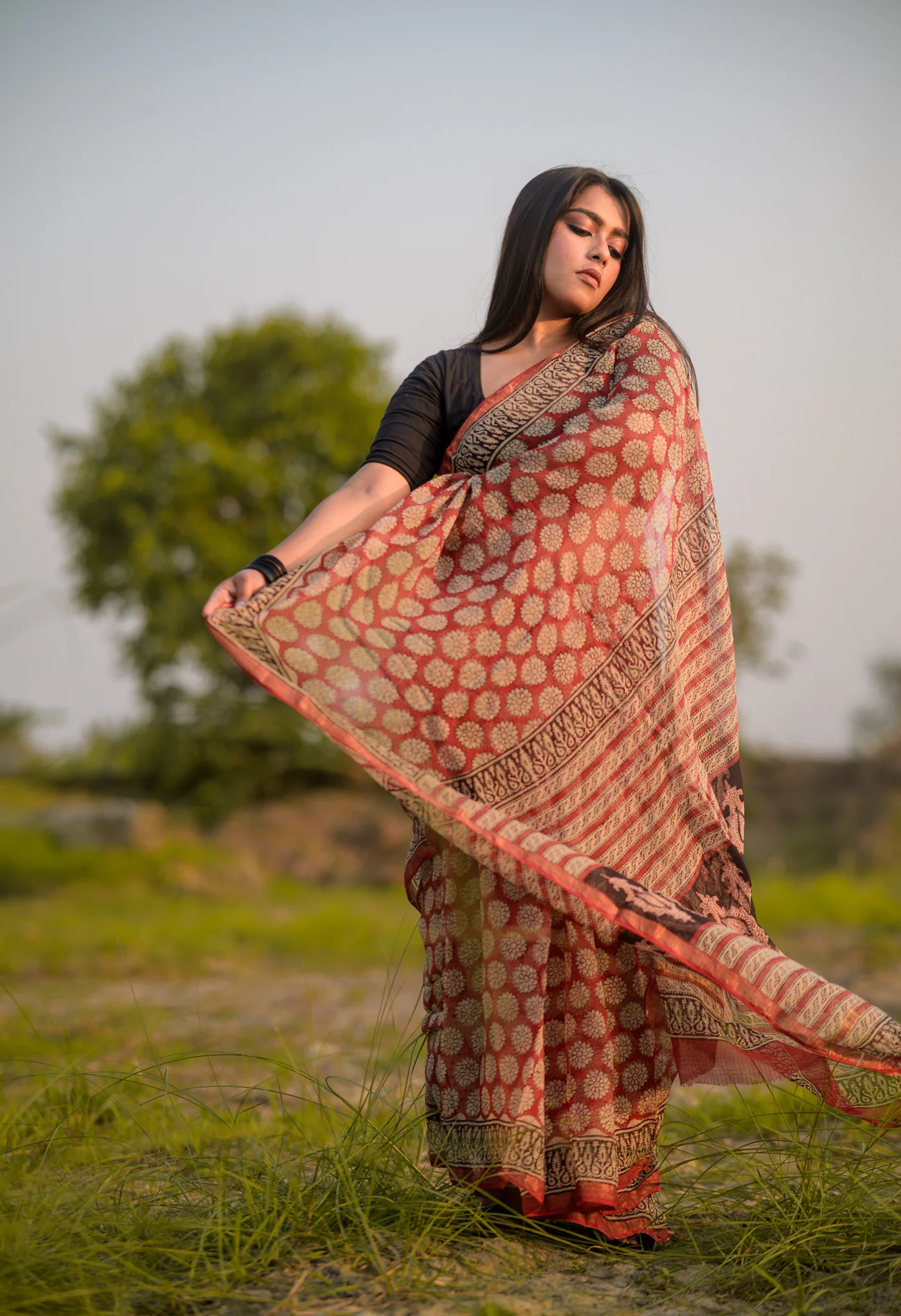 Natural dyed Bagru saree - Roheda Kota Chand handblock printed saree - Image 5