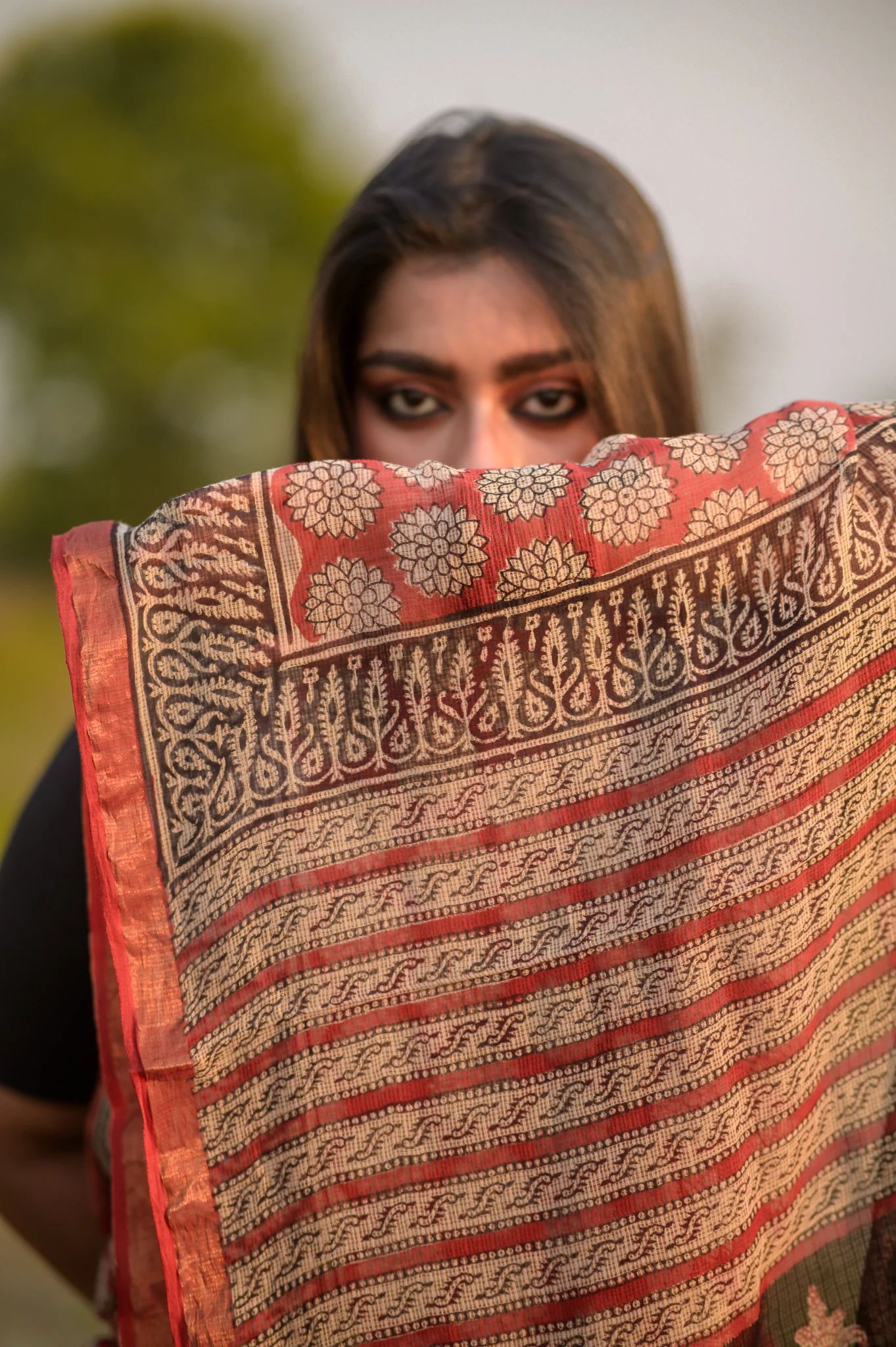 Natural dyed Bagru saree - Roheda Kota Chand handblock printed saree - Image 6
