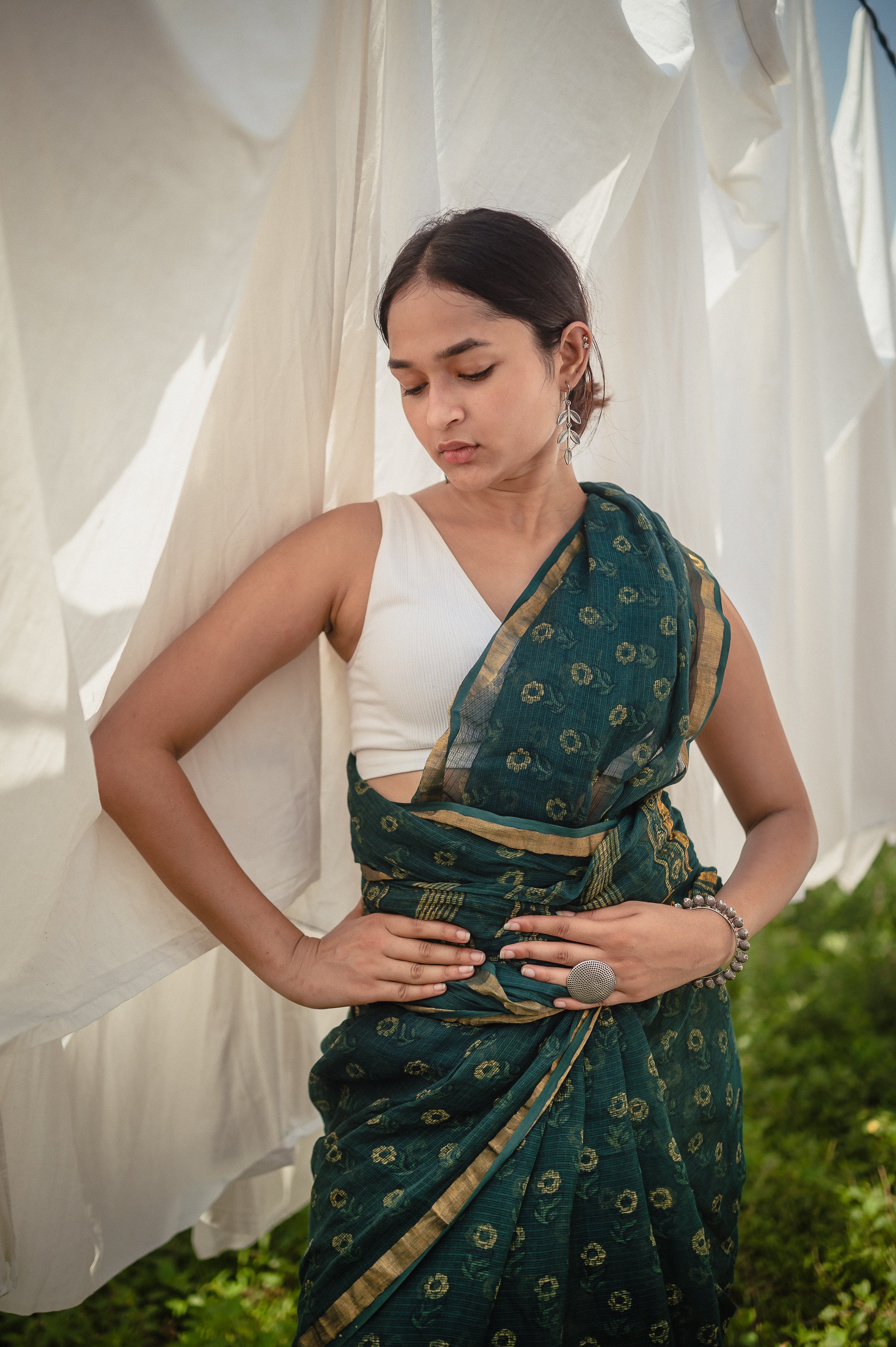 Natural dyed Dabu sarees - Malhar - Harita - Image 5