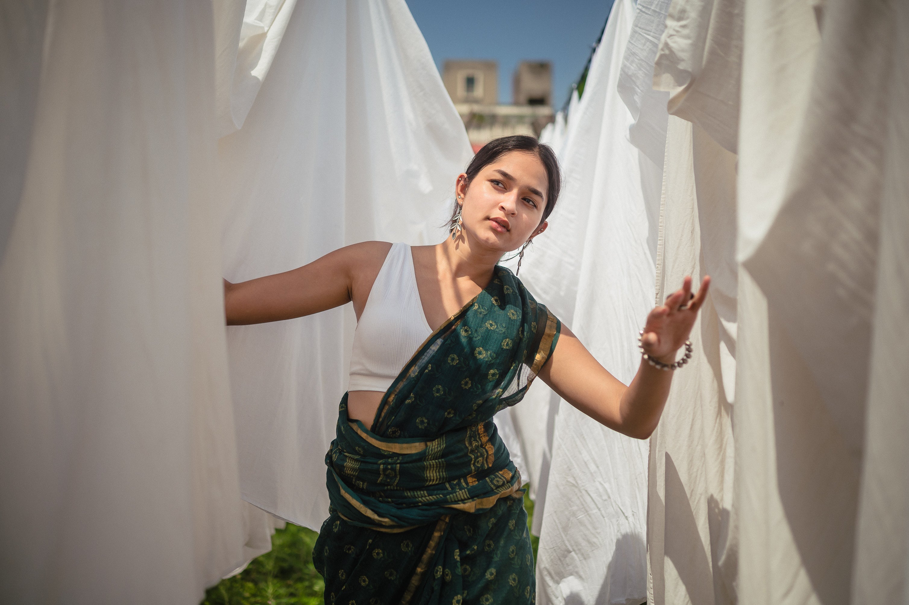 Natural dyed Dabu sarees - Malhar - Harita - Image 7
