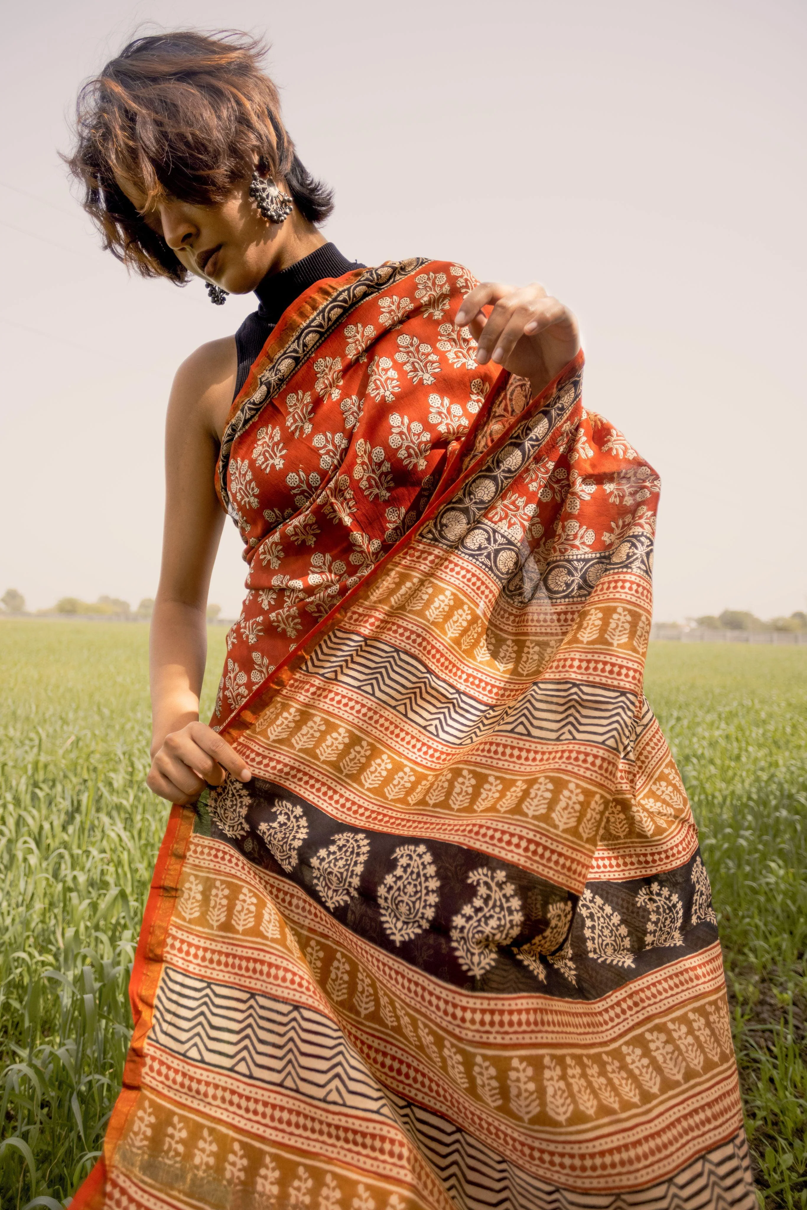 Natural dyed Bagru saree - Roheda- Mughal Syahi Begar - Image 3
