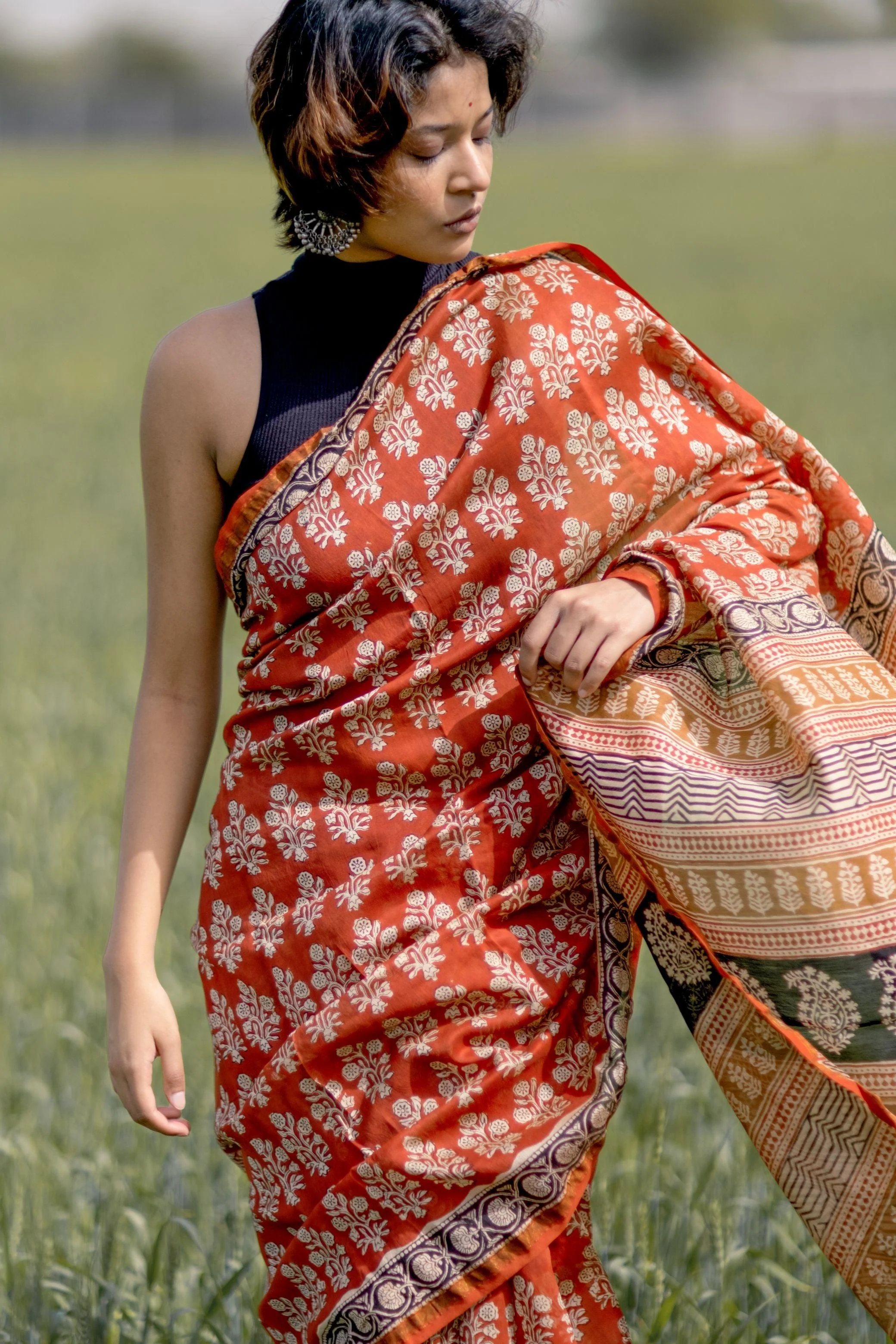 Natural dyed Bagru saree - Roheda- Mughal Syahi Begar - Image 7