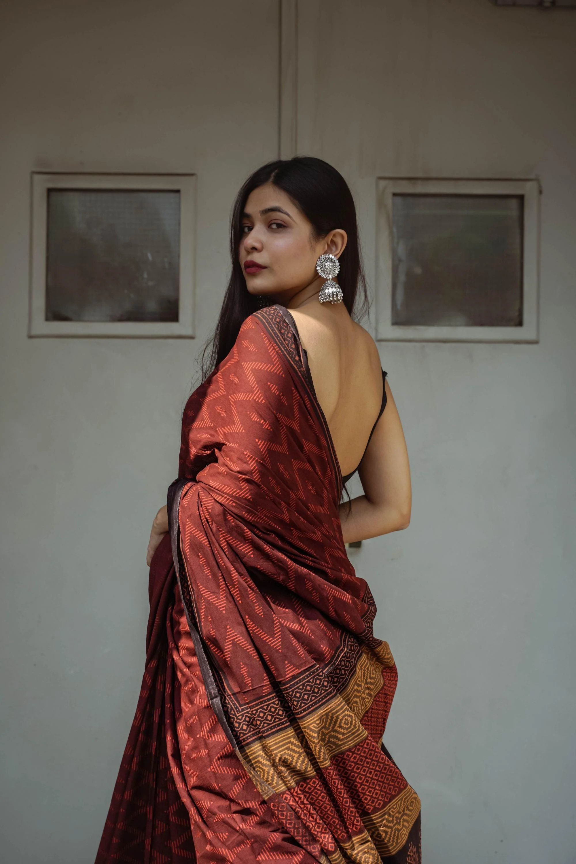 Natural dyed Bagru cotton saree - Roheda- Makkhi Discharge Mulmul Sarees
