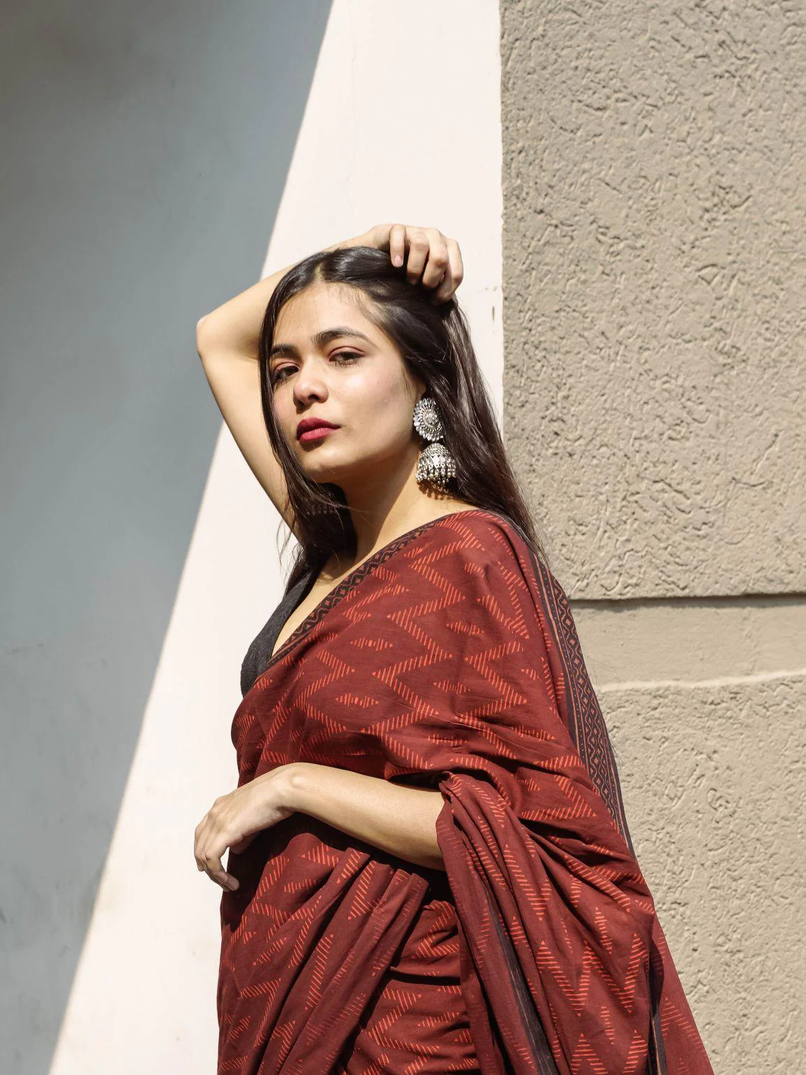 Natural dyed Bagru cotton saree - Roheda- Makkhi Discharge Mulmul Sarees - Image 13
