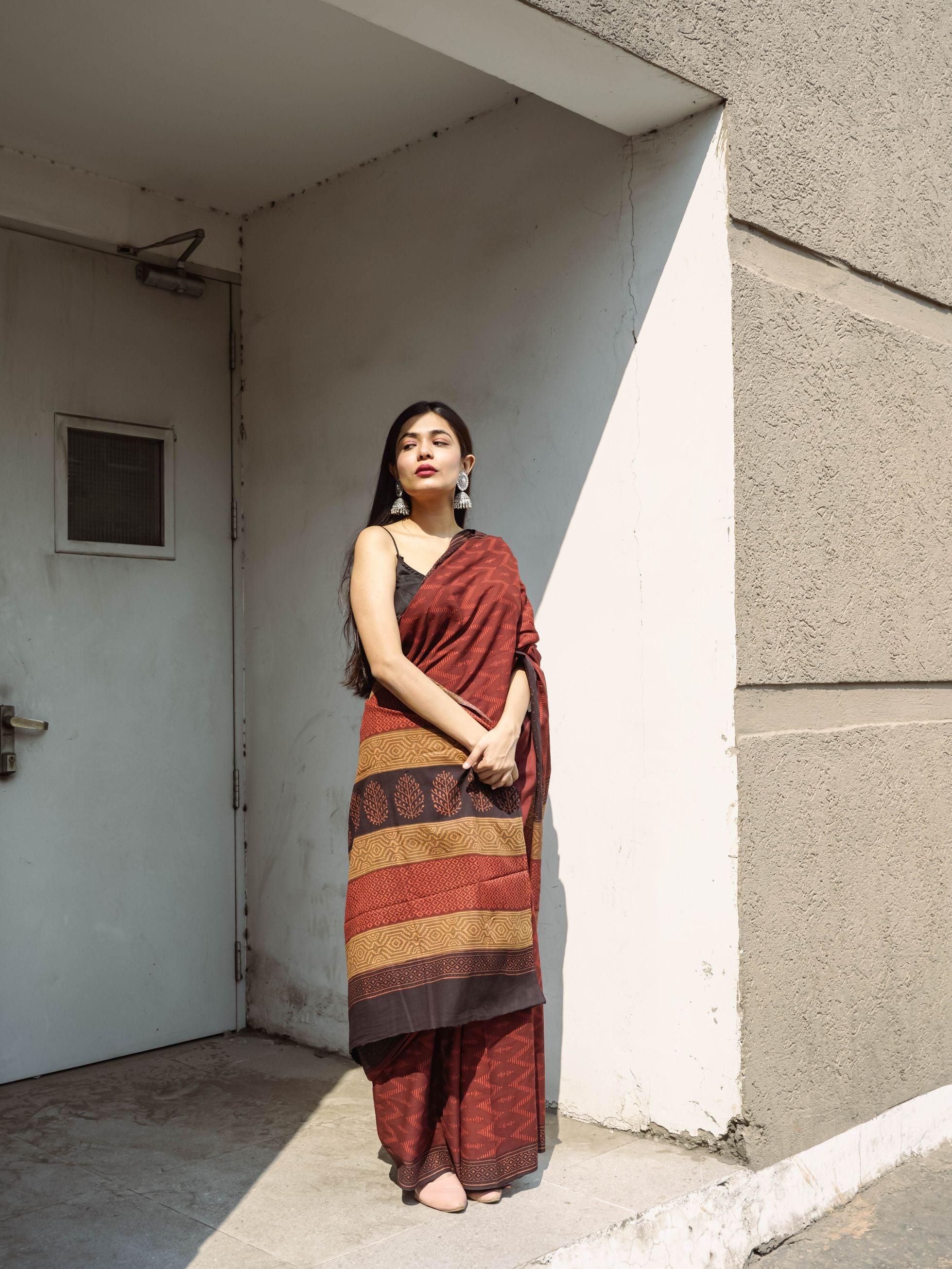 Natural dyed Bagru cotton saree - Roheda- Makkhi Discharge Mulmul Sarees - Image 16