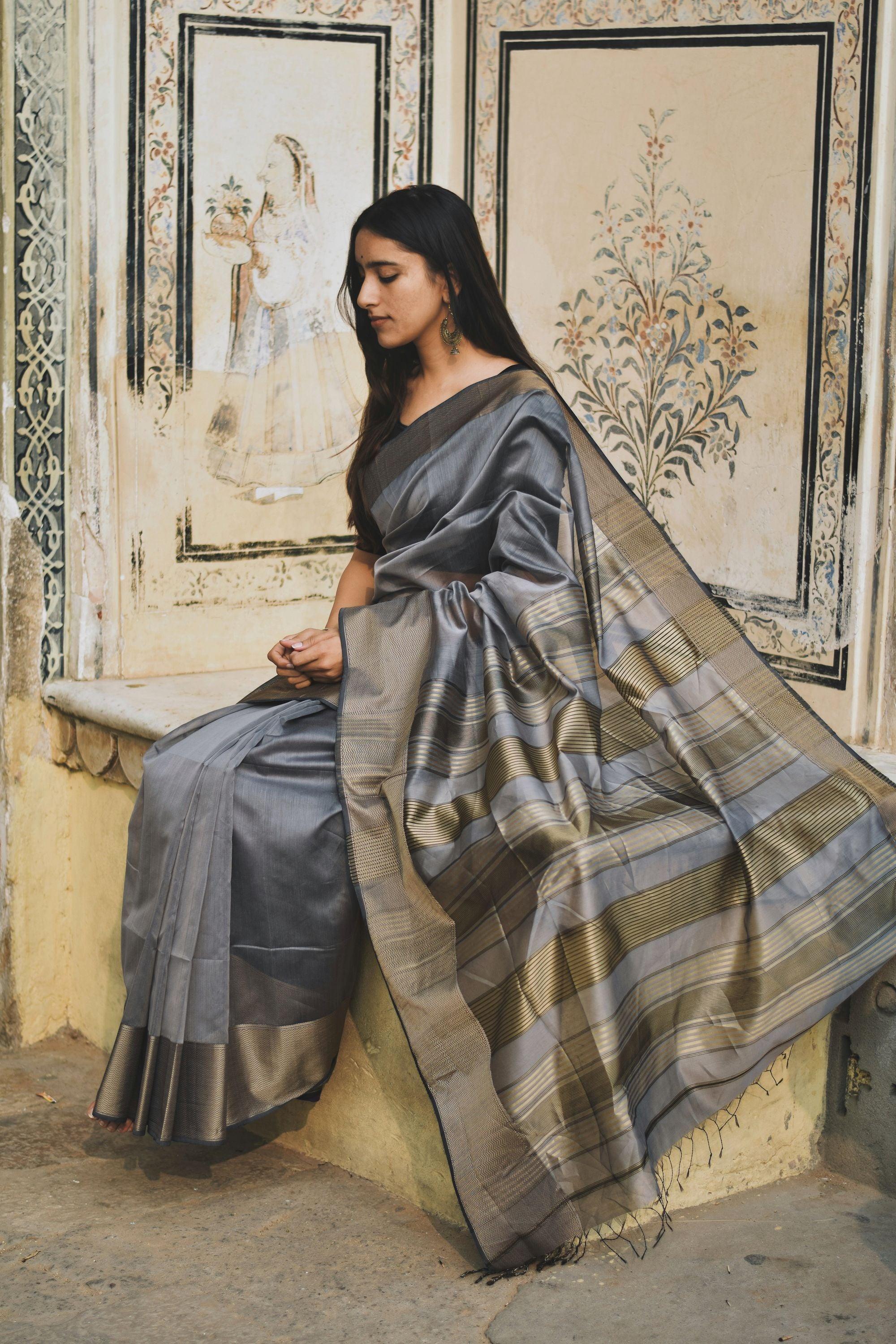 Maheswari Handloom saree - Seher - Grey zari - Image 4