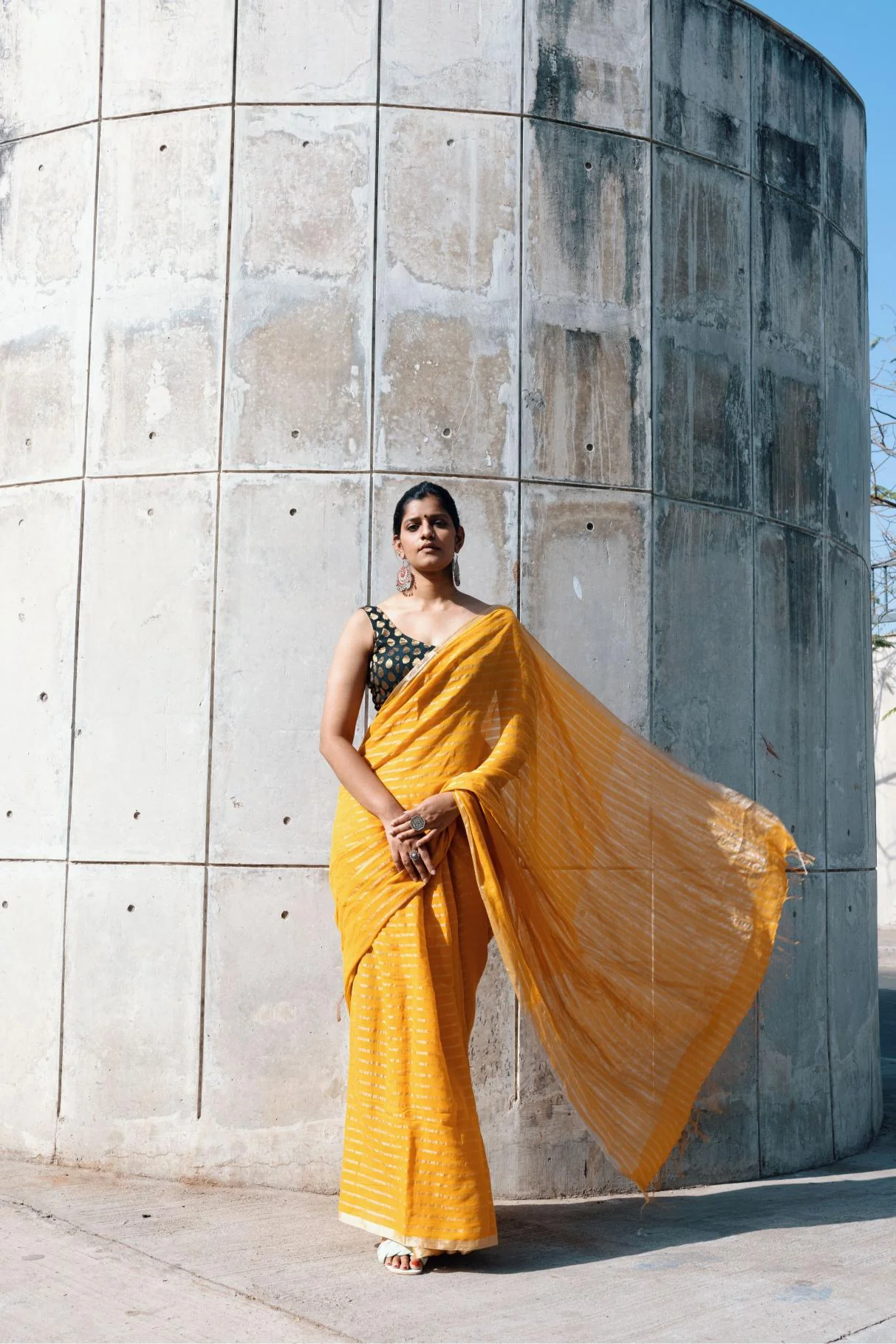 Celebrating Bengal craft traditions - Sitara- Mustard zari cotton saree - Image 5