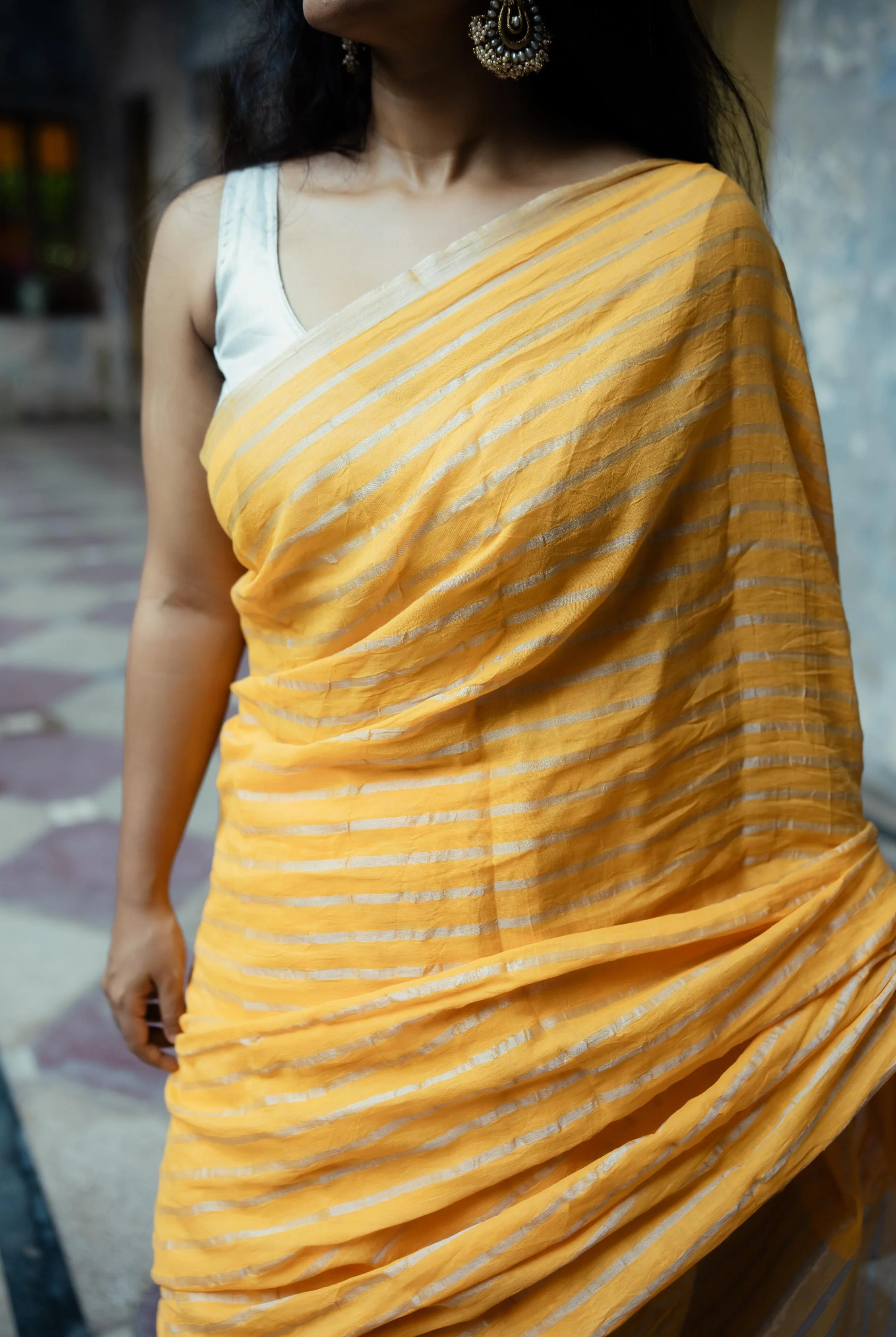 Weaves of Bengal - Sitara - Yellow zari cotton saree - Image 6