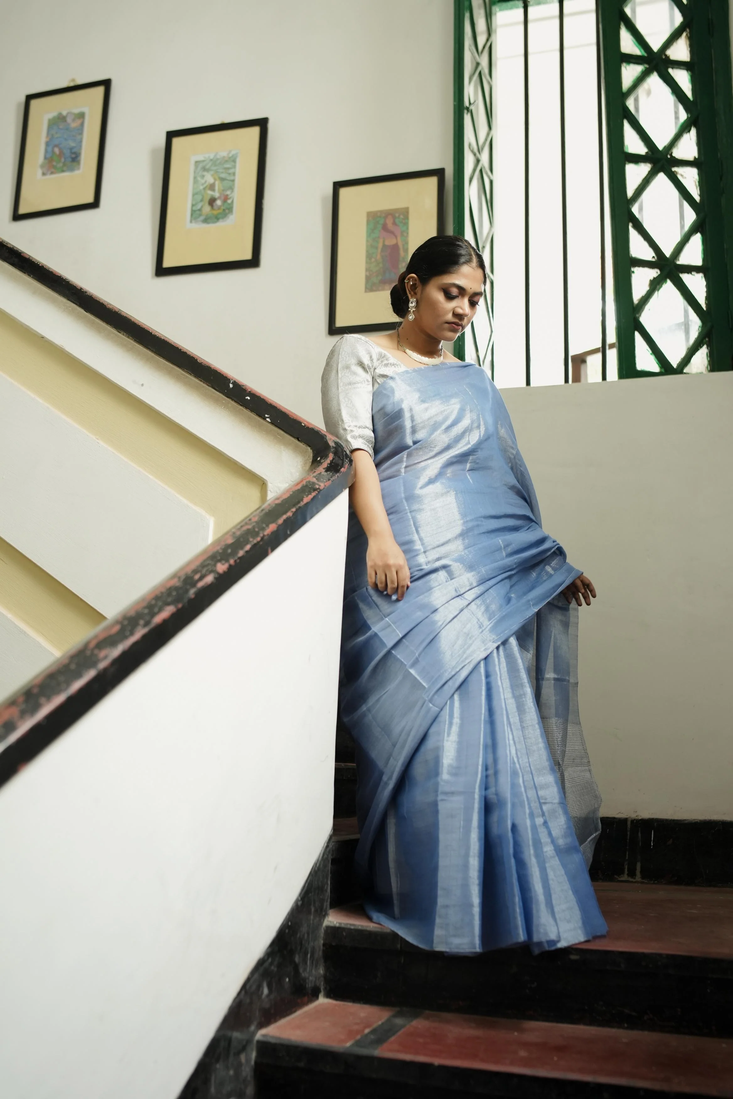 Weaves of Bengal - Sitara - Tissue Zari Blue Onjona  saree - Image 6