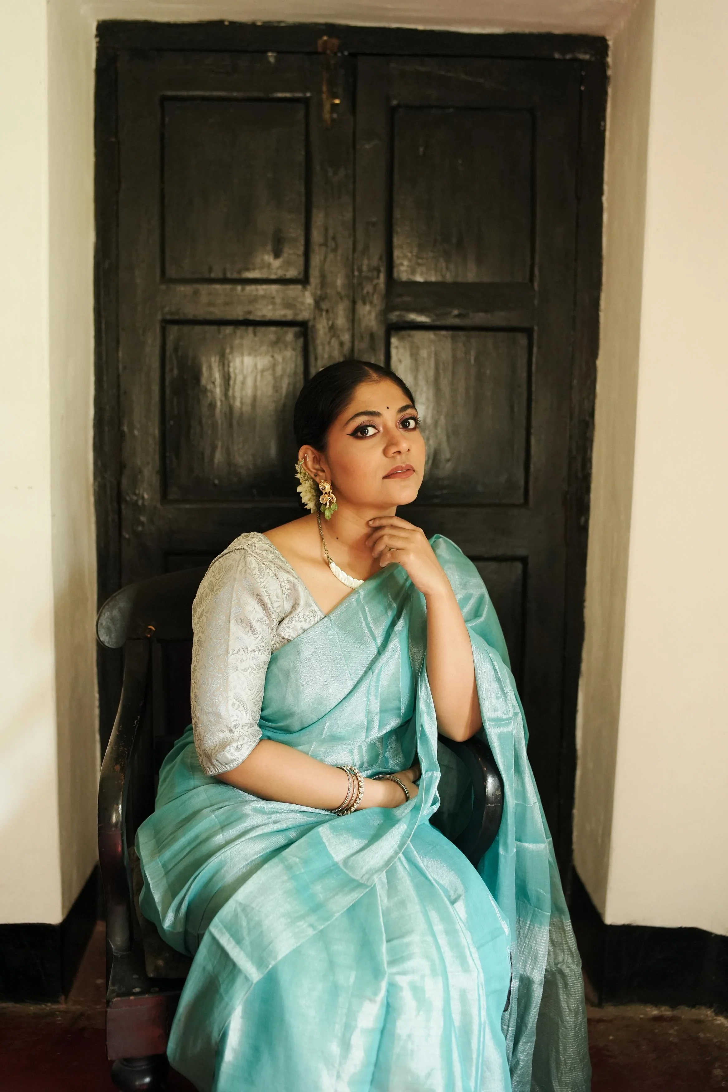 Weaves of Bengal - Sitara  -  Shramila light blue tissue saree - Image 11