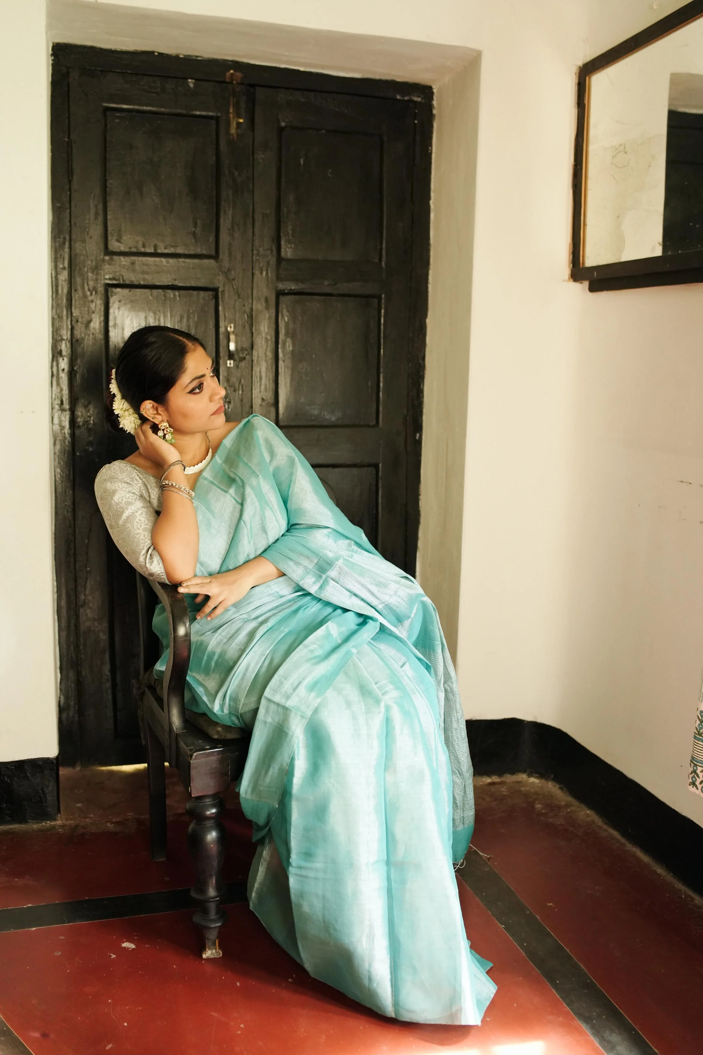 Weaves of Bengal - Sitara  -  Shramila light blue tissue saree - Image 12